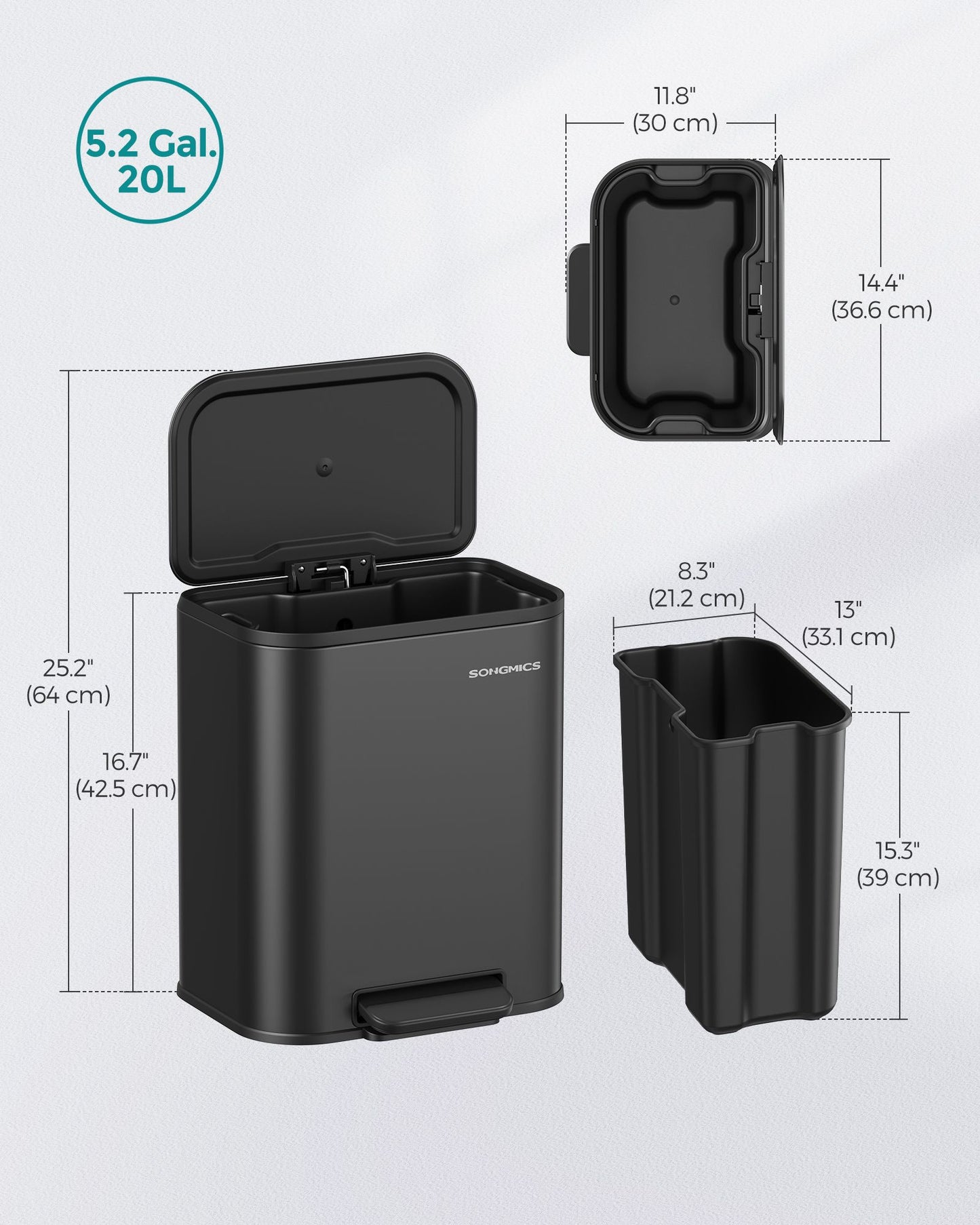 Kitchen Bin, 20L, Pedal Bin, Steel Trash Bin, Songmics, 8
