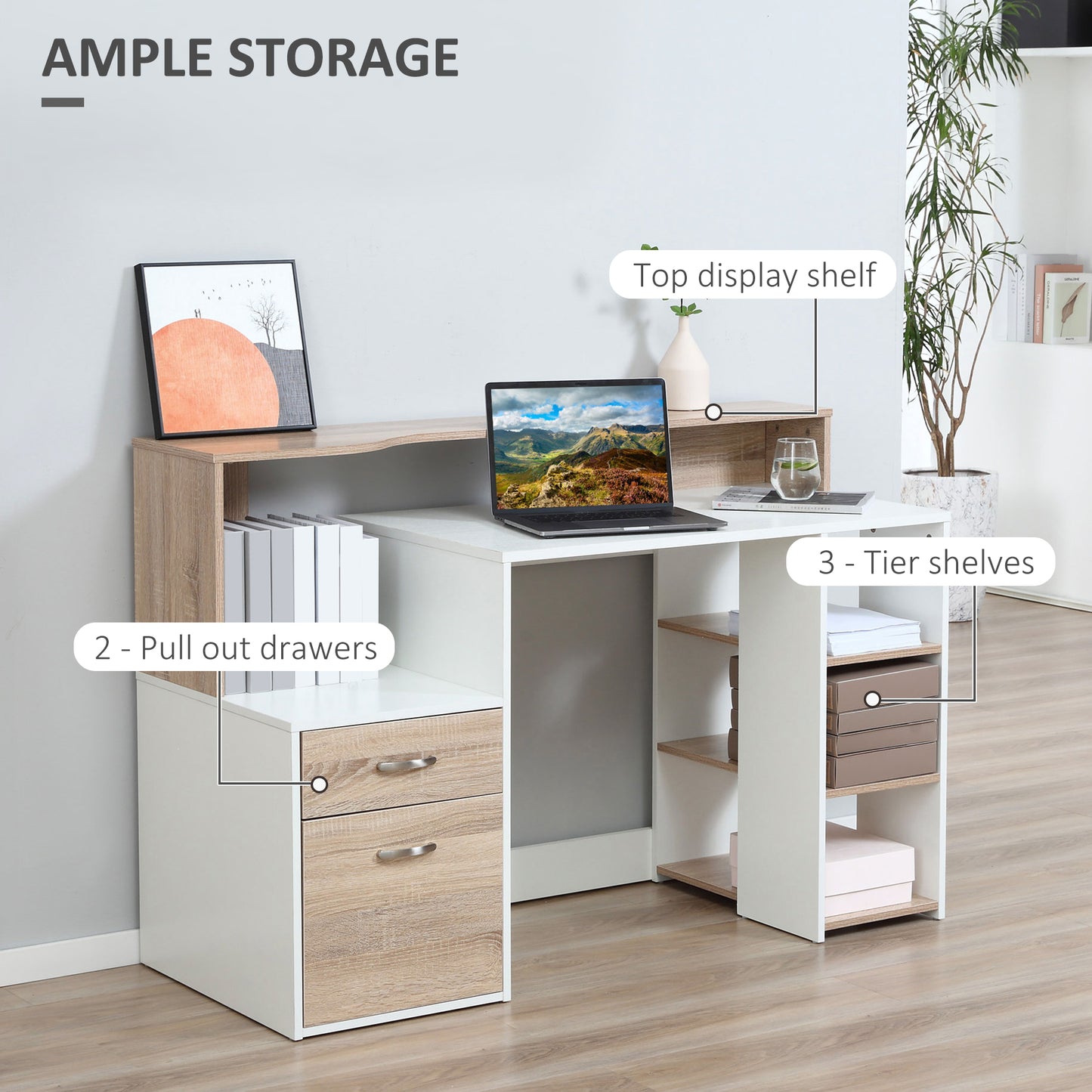 Computer Desk with Drawers and Storage Shelves, Reception Desk, Study Workstation for Home Office, 137 x 55 x 92cm, Oak and White, HOMCOM, 5