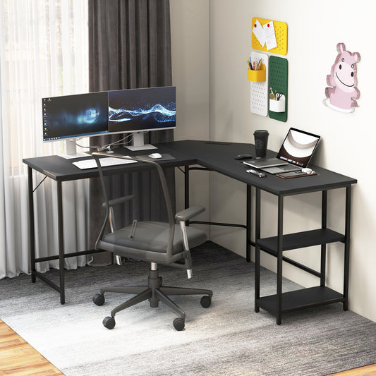 L-Shaped Computer Desk with 2-tier Shelves for Home Office Bedroom-Black, Costway, 2