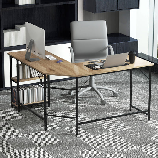 L-Shaped Computer Desk with 2-tier Shelves for Home Office Bedroom-Natural, Costway, 2