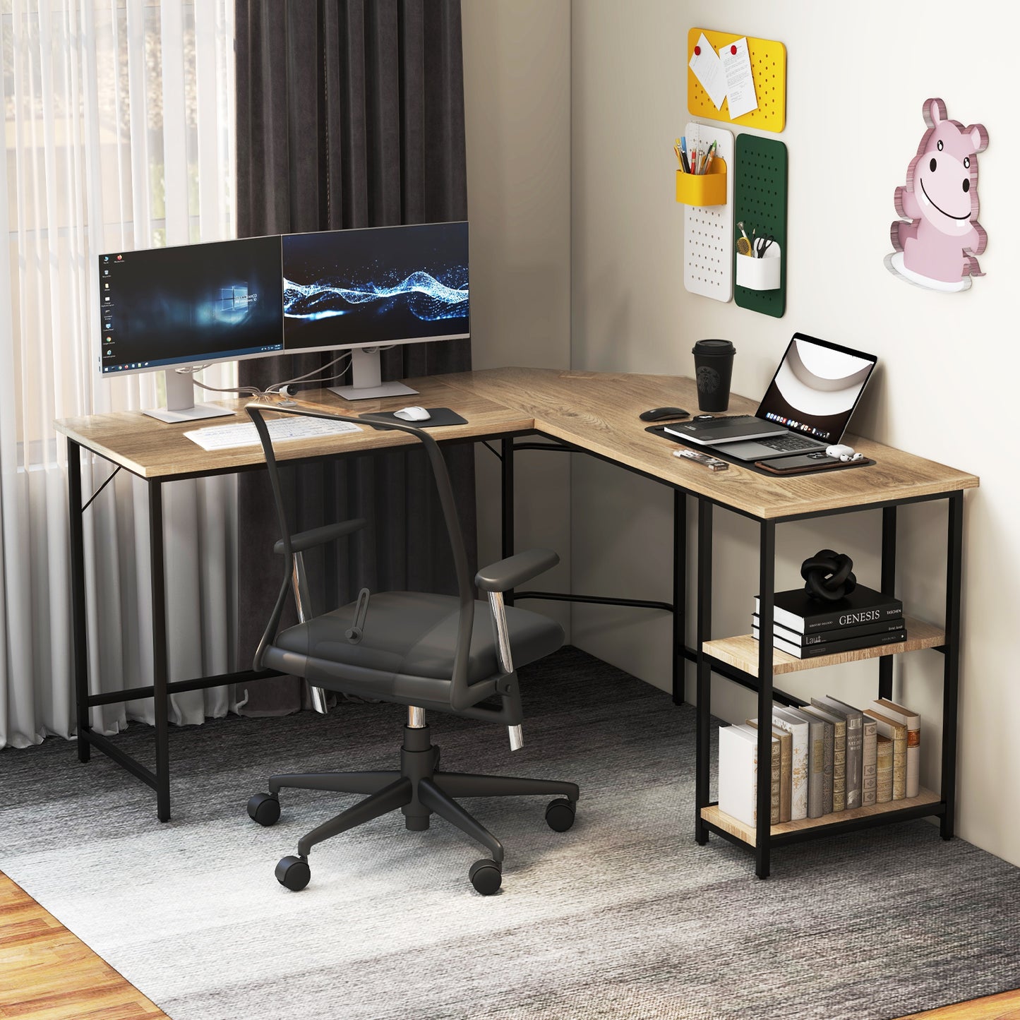 L-Shaped Computer Desk with 2-tier Shelves for Home Office Bedroom-Natural, Costway, 3