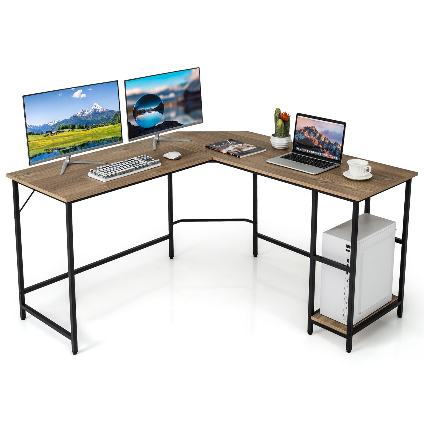 L-Shaped Computer Desk with 2-tier Shelves for Home Office Bedroom-Natural, Costway, 4