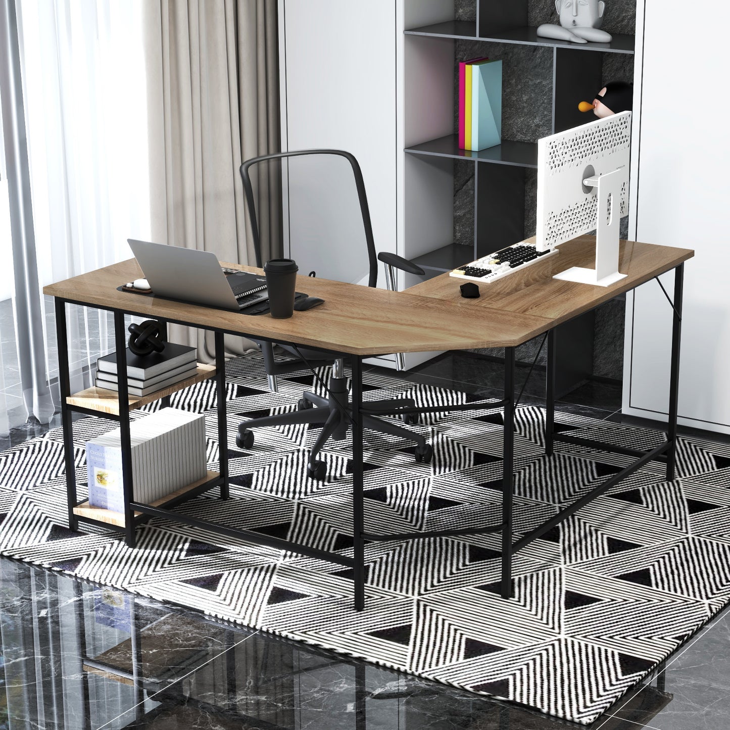 L-Shaped Computer Desk with 2-tier Shelves for Home Office Bedroom-Natural, Costway, 7
