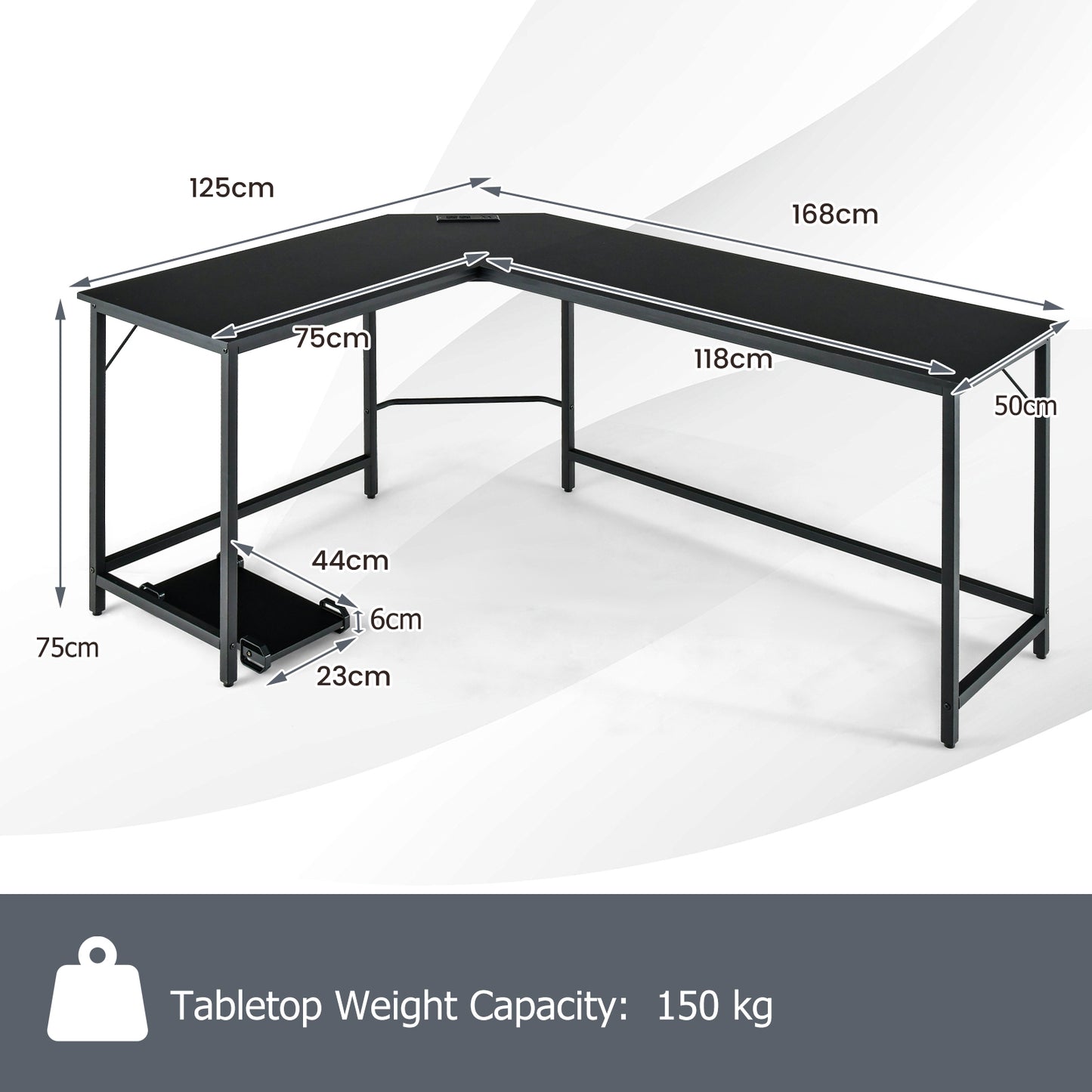 L-Shaped Desk with Power Outlet CPU Stand and Heavy-duty Metal Frame-Black, Costway, 5