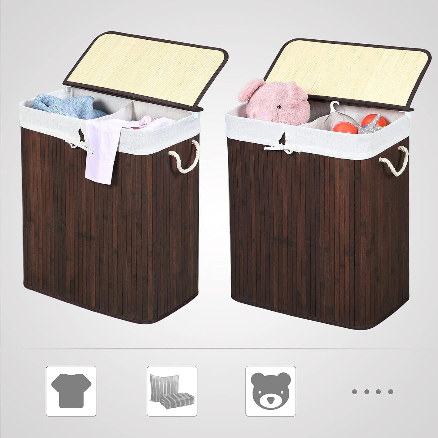 Laundry Basket with Lid, Bamboo Laundry Basket, Double Bamboo Laundry Hamper with 2 Sections, 100L, Brown, SONGMICS, 5