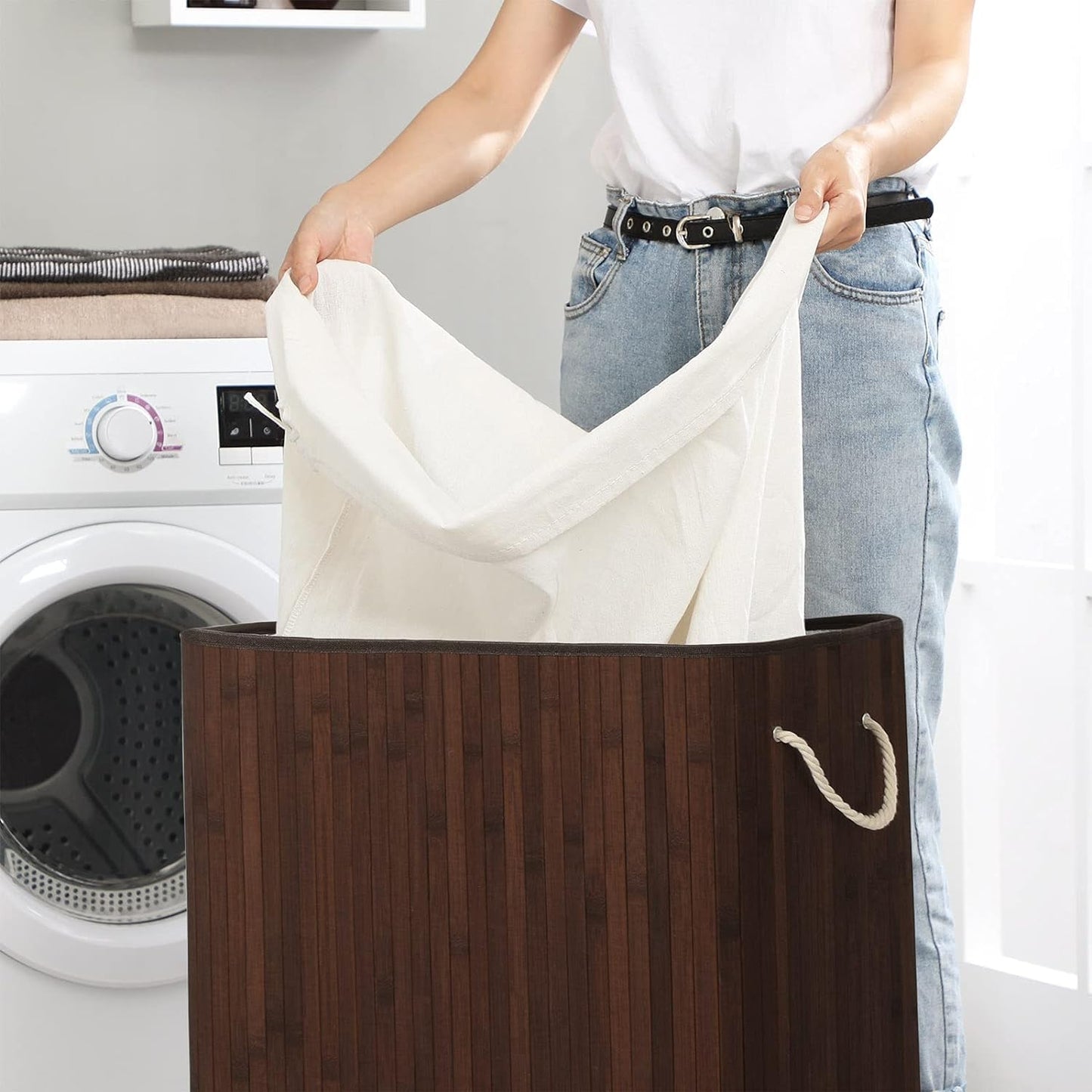 Laundry Basket with Lid, Bamboo Laundry Basket, Double Bamboo Laundry Hamper with 2 Sections, 100L, Brown, SONGMICS, 2