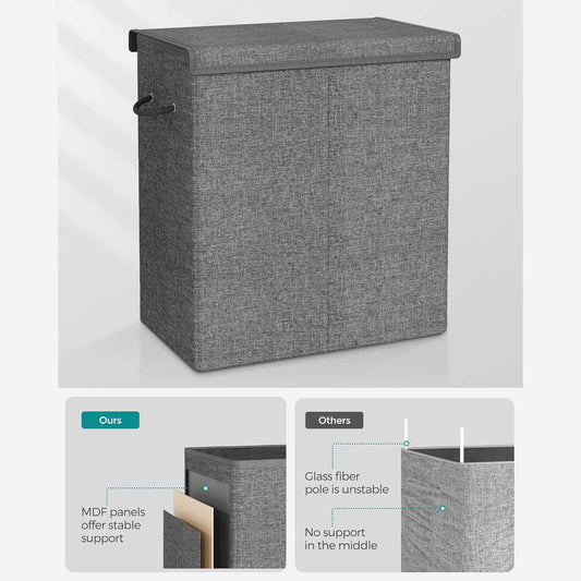 Laundry Hamper, Double Laundry Basket, Grey Laundry Basket, 142L, 2-Compartment Laundry Hamper, SONGMICS, 2