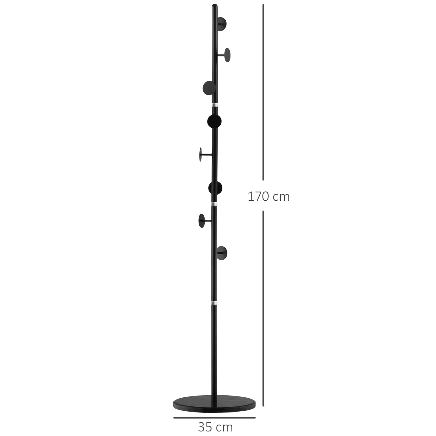 Coat Rack Free Standing Hall Tree with 8 Round Disc Hooks for Clothes, Hats,Purses, Steel Entryway Coat Stand with Marble Base for Entryway, Living Room, Bedroom, Black, HOMCOM, 3