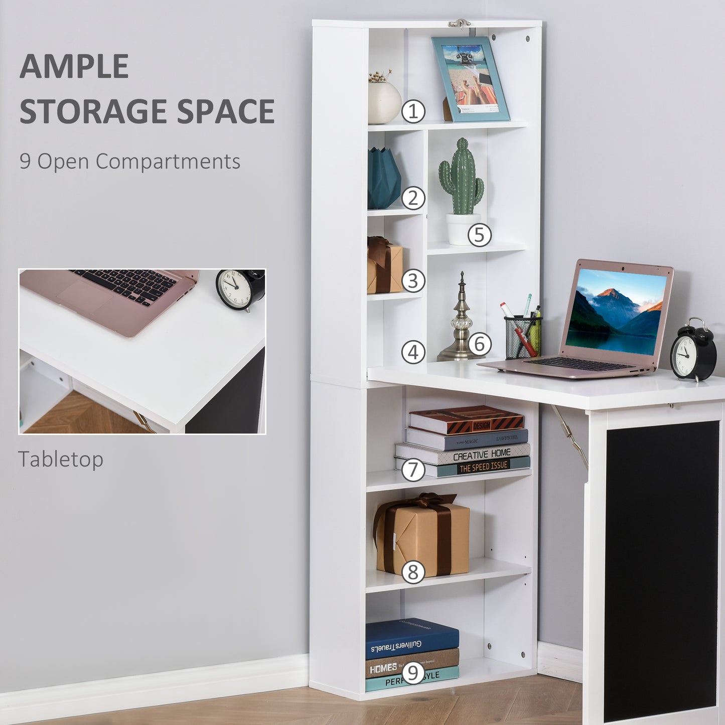 Fold-out Convertible Writing Desk Wall Mount Cabinet with Blackboard and Side Shelf Multi-Function Home Office Workstation, White, HOMCOM, 5