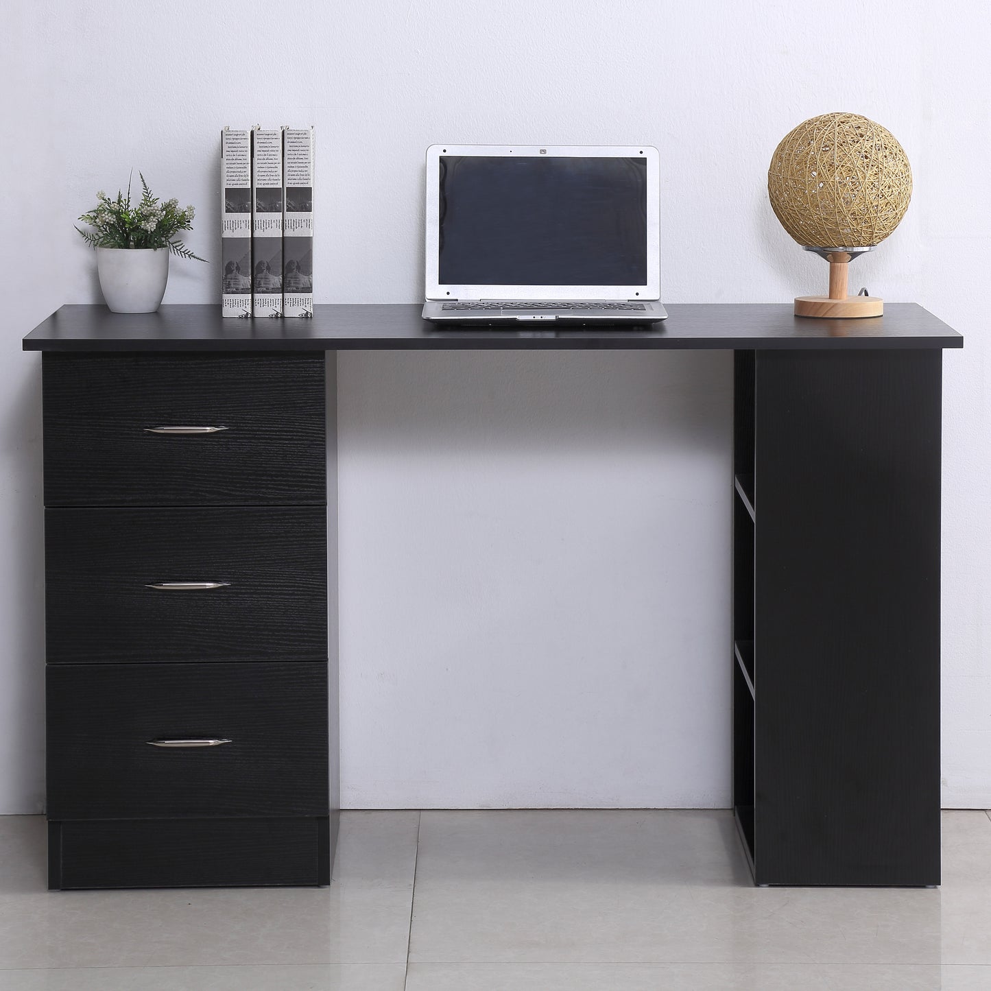 Computer Desk, Writing Table, PC Workstation with 3 Storage Shelves and Drawers, Silver Handle, for Home Office, Black, HOMCOM, 7