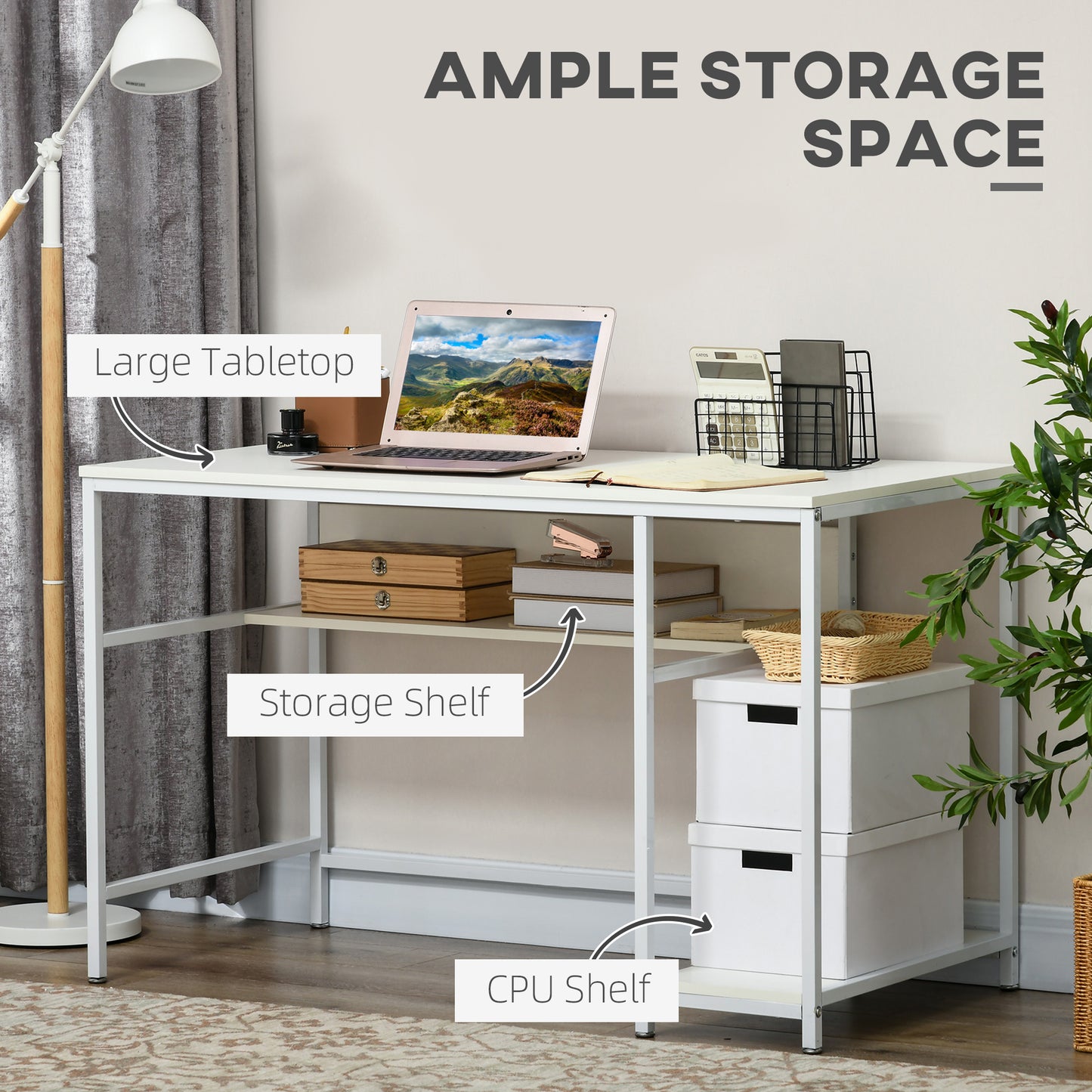 Computer Desk with Storage, 120 x 60cm Home Office Desk with 2 Shelves and Steel Frame, Writing Table for Living Room, Study, White, HOMCOM, 4