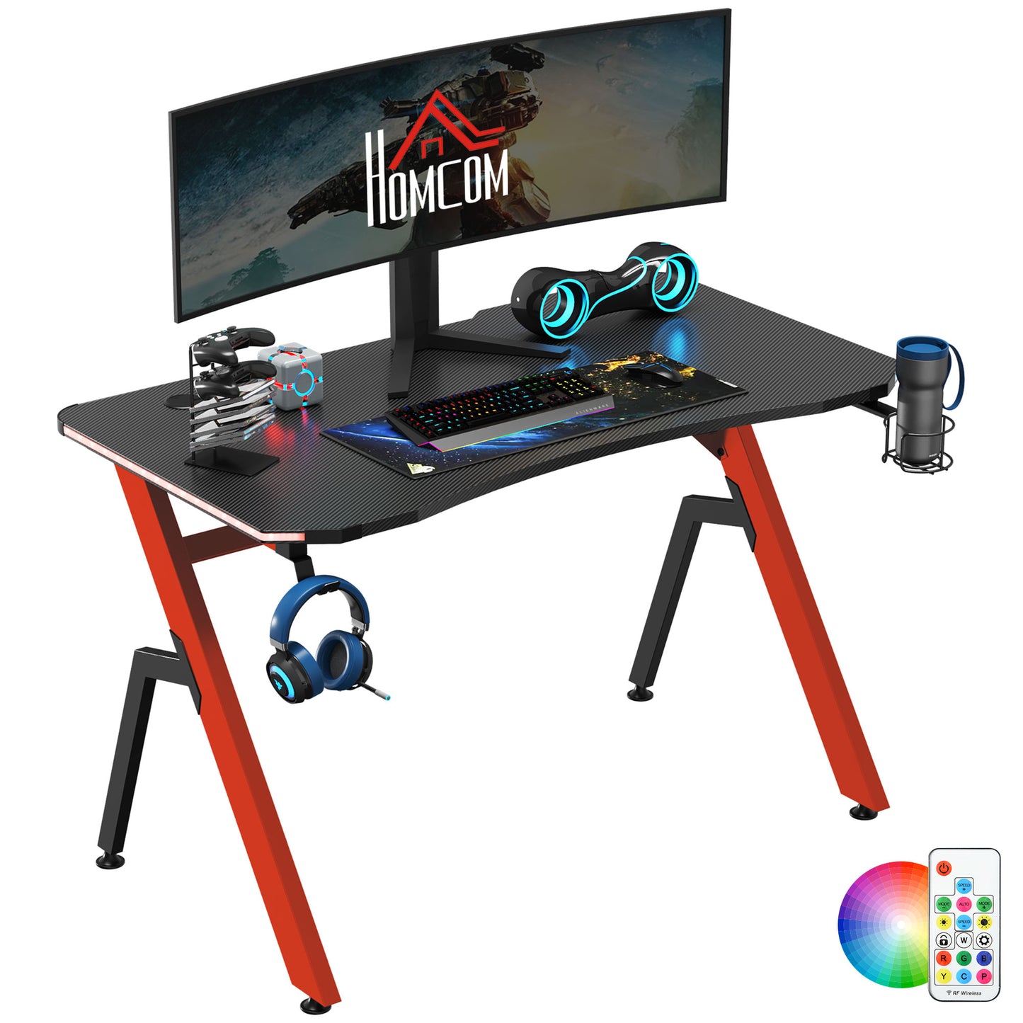 RGB 120 x 66cm Gaming Desk, Computer Table with Carbon Fibre Surface, Headphone Hook, Cup Holder, Controller Rack, Home Office Desk, Black and Red, HOMCOM, 1