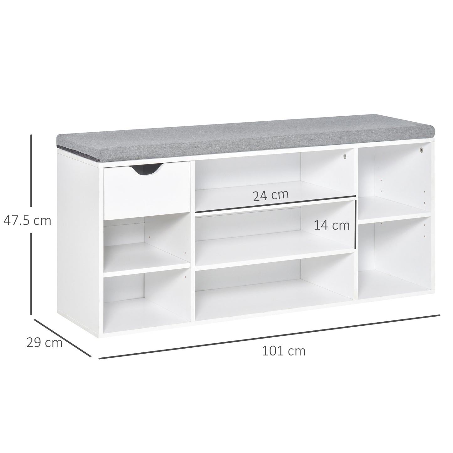Shoe Bench with Seat Cushion Shoe Storage Cabinet with 7 Compartments Drawer Adjustable Shelves for Entryway Hallway Living Room White and Grey, HOMCOM, 3