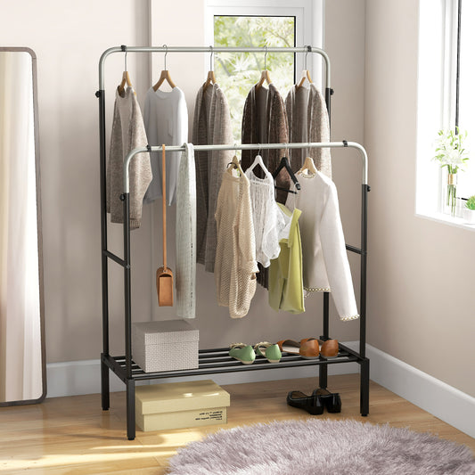 Metal Clothes Stand Rack with 2 Rods and Shoe Shelf-Silver, Costway, 2