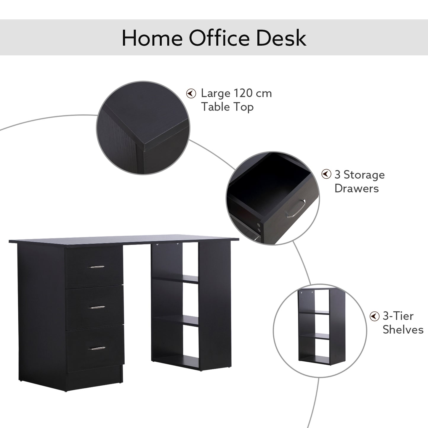 Computer Desk, Writing Table, PC Workstation with 3 Storage Shelves and Drawers, Silver Handle, for Home Office, Black, HOMCOM, 4
