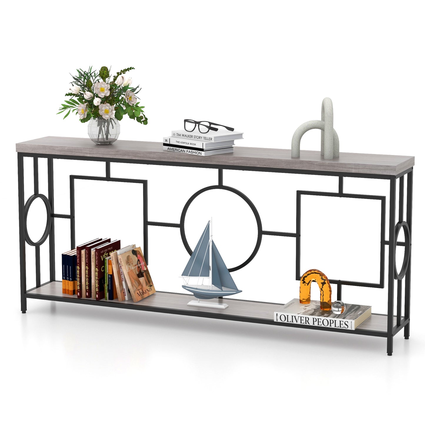 Rustic Accent Narrow 2-Tier Mid-Century Modern Console Table-Rustic Brown, Costway, 4