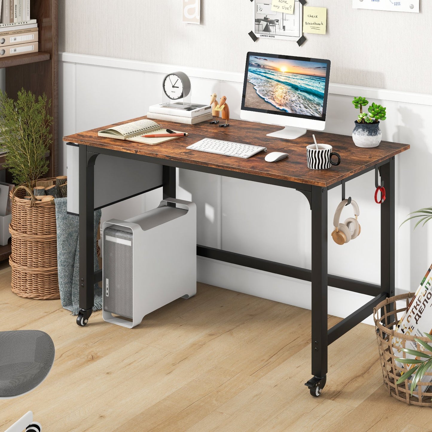 120cm Mobile Computer Desk with Storage Bag and 2 Headphone Hooks-Rustic Brown, Costway, 2
