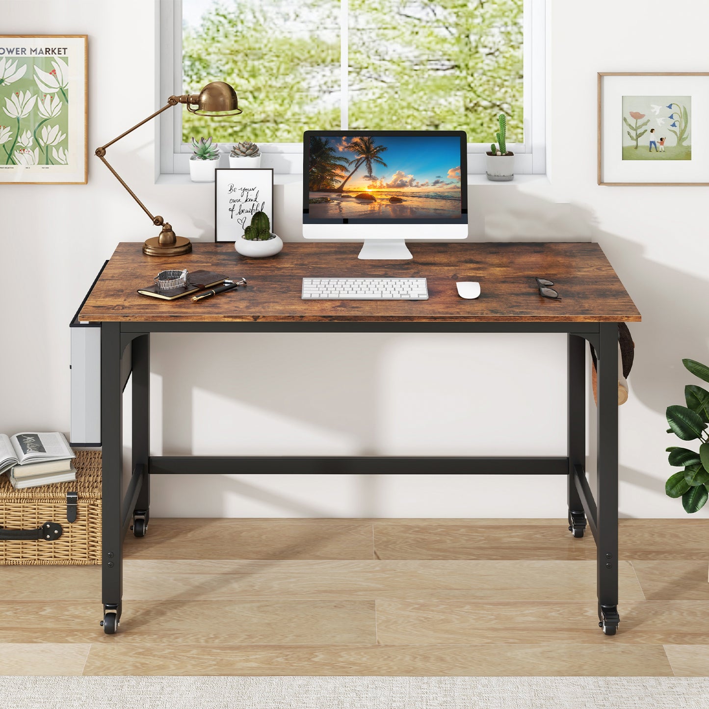 120cm Mobile Computer Desk with Storage Bag and 2 Headphone Hooks-Rustic Brown, Costway, 3