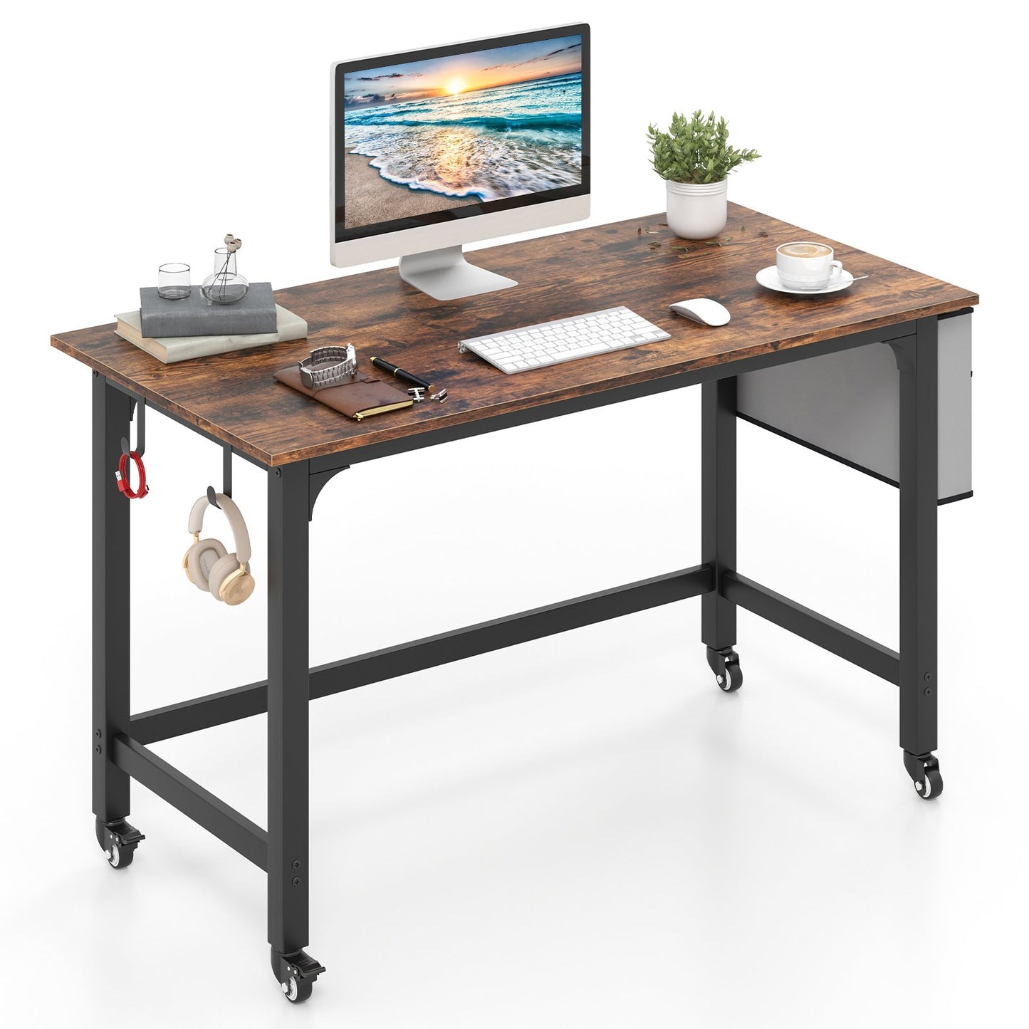 120cm Mobile Computer Desk with Storage Bag and 2 Headphone Hooks-Rustic Brown, Costway, 1