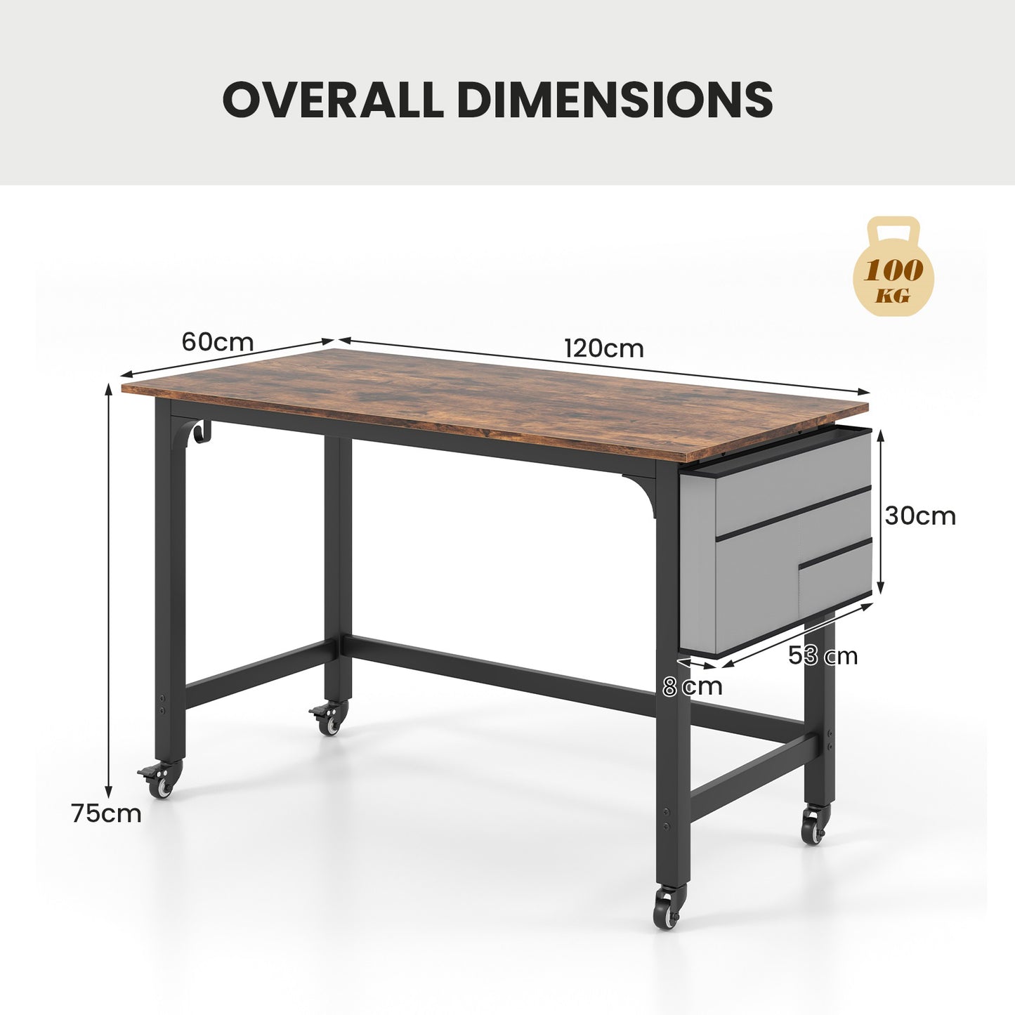 120cm Mobile Computer Desk with Storage Bag and 2 Headphone Hooks-Rustic Brown, Costway, 5