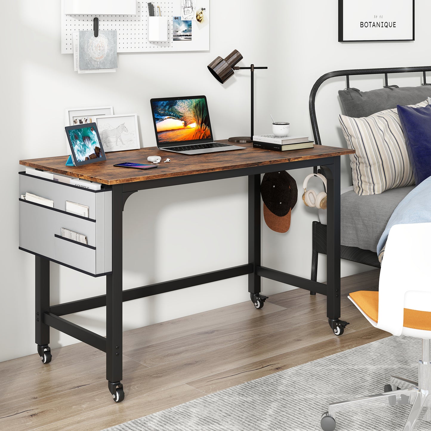 120cm Mobile Computer Desk with Storage Bag and 2 Headphone Hooks-Rustic Brown, Costway, 6