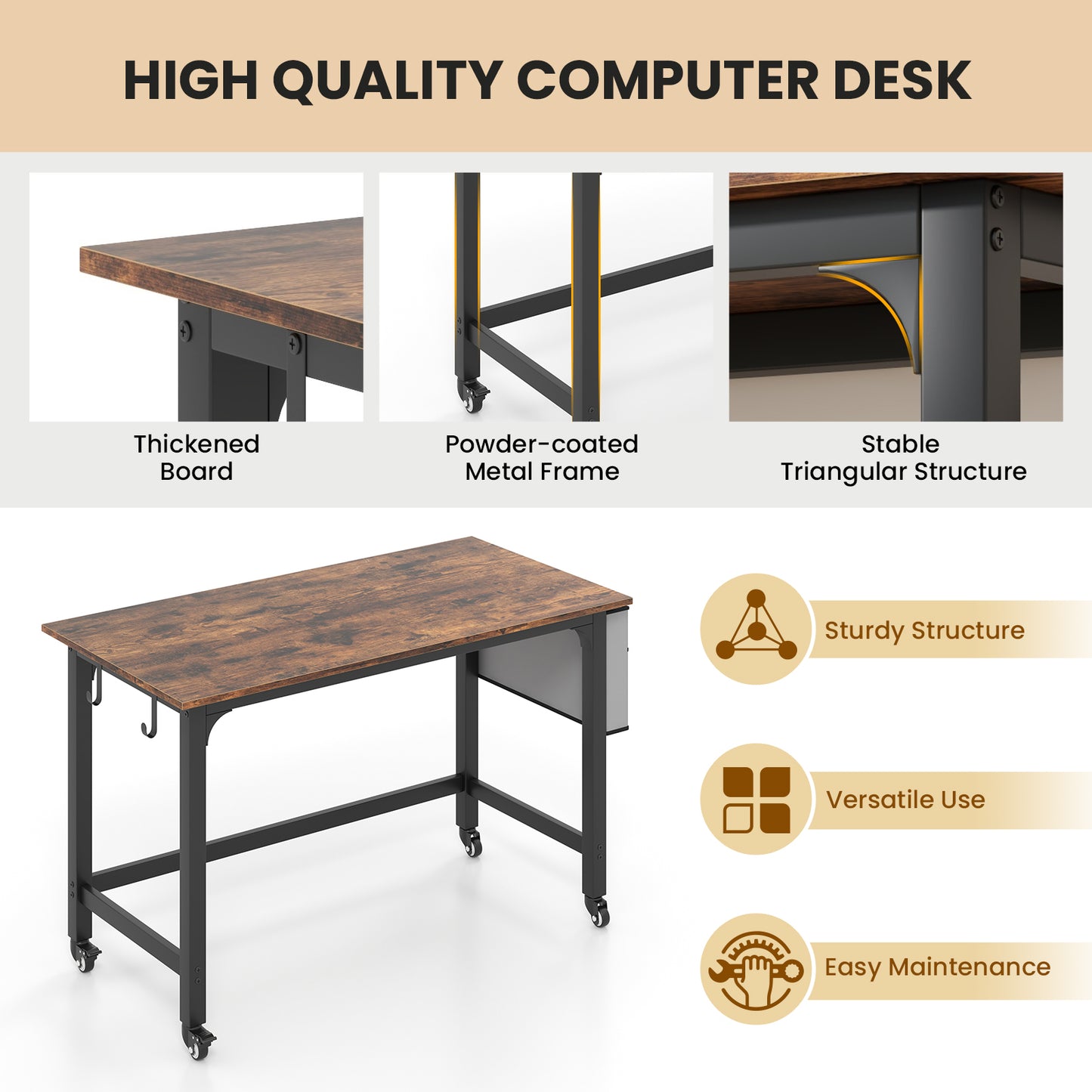 120cm Mobile Computer Desk with Storage Bag and 2 Headphone Hooks-Rustic Brown, Costway, 7