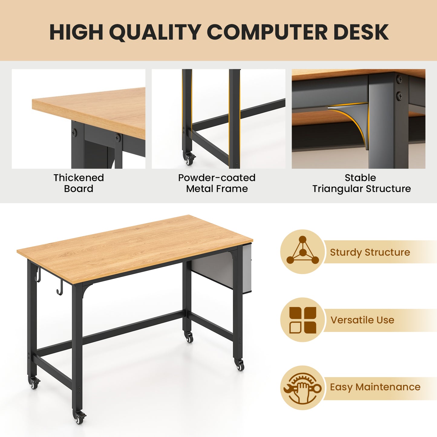 120cm Mobile Computer Desk with Storage Bag and 2 Headphone Hooks-Natural, Costway, 7