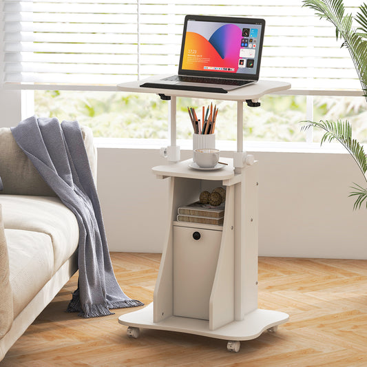 Mobile Laptop Table with Adjustable Height and Storage Cabinet-White, Costway, 2