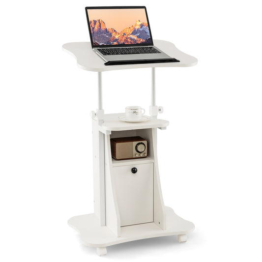 Mobile Laptop Table with Adjustable Height and Storage Cabinet-White, Costway, 1