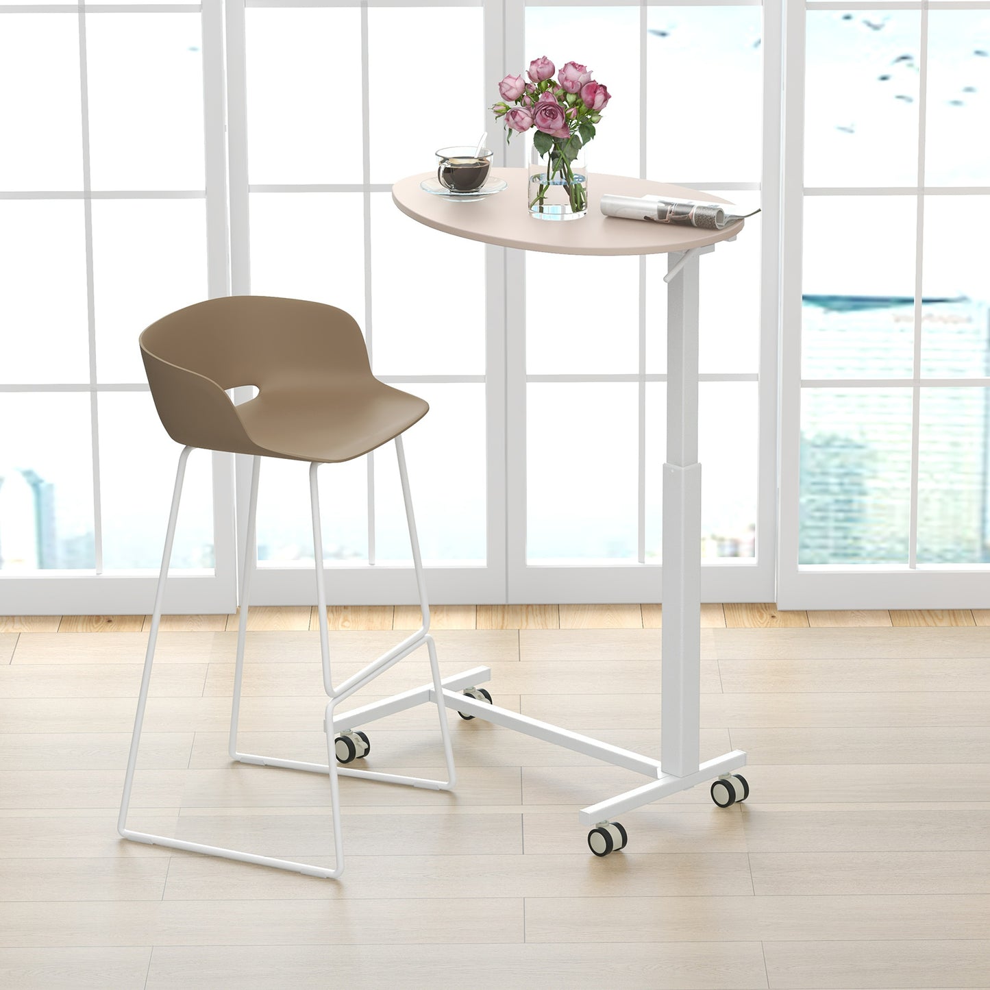 Mobile Standing Desk with Pneumatic Lift-Pink, Costway, 3