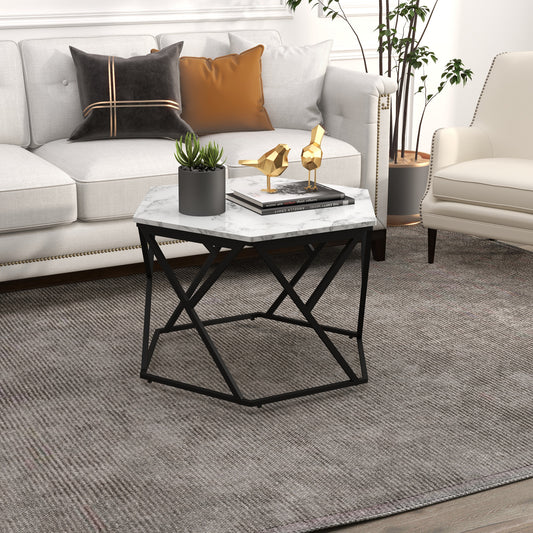 Modern Coffee Table, Cocktail Table with High Gloss Marble Effect Top, Steel Frame, for Living Room, White Marble, HOMCOM, 2