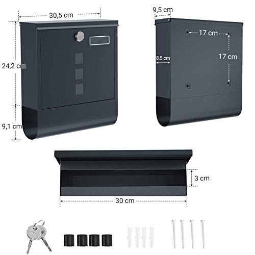 Modern Mailbox, Lockable Wall-Mounted Post Letter Box with Newspaper Holder, Capped Lock, Anthracite Grey, Songmics, 5