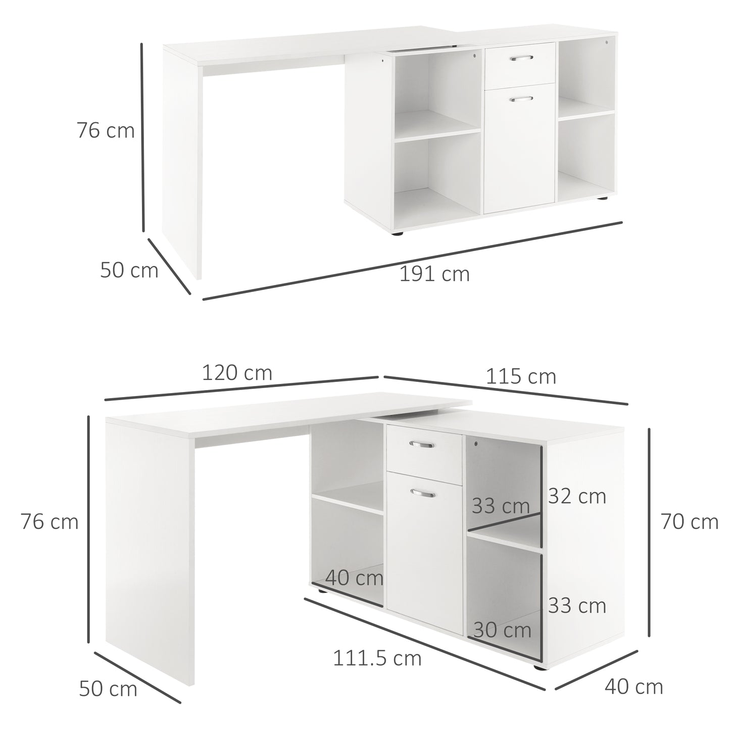 L-Shaped Computer Desk with Storage Compartments, Drawer and Cabinet, Laptop PC Corner Table, Home Office Workstation, 120 x 115 x 76cm, White, HOMCOM, 3