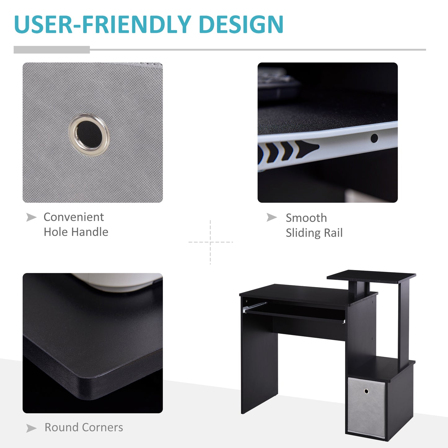 Computer Desk with Sliding Keyboard Tray Storage Drawer Shelf Home Office Workstation Black, HOMCOM, 6