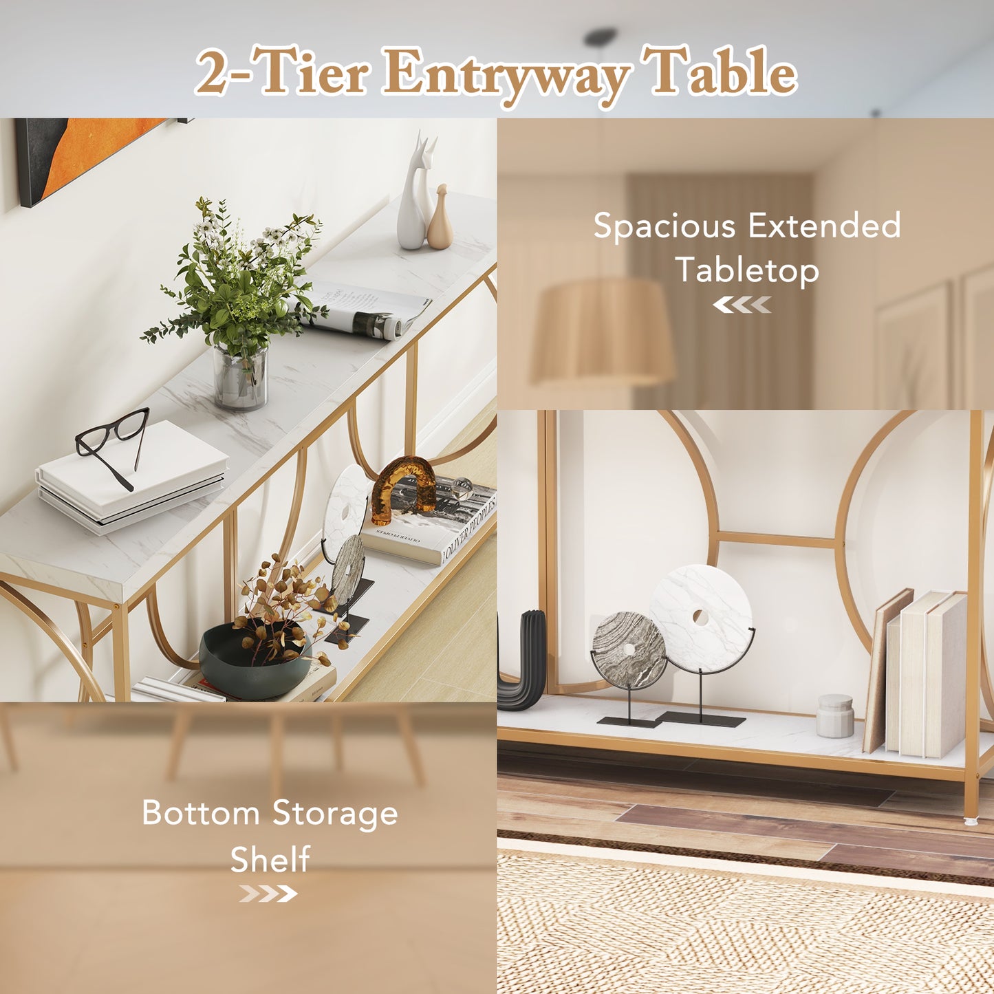 Heavy-duty 2-Tier Narrow Faux Marble Top Console Table for Entryway-White, Costway, 7