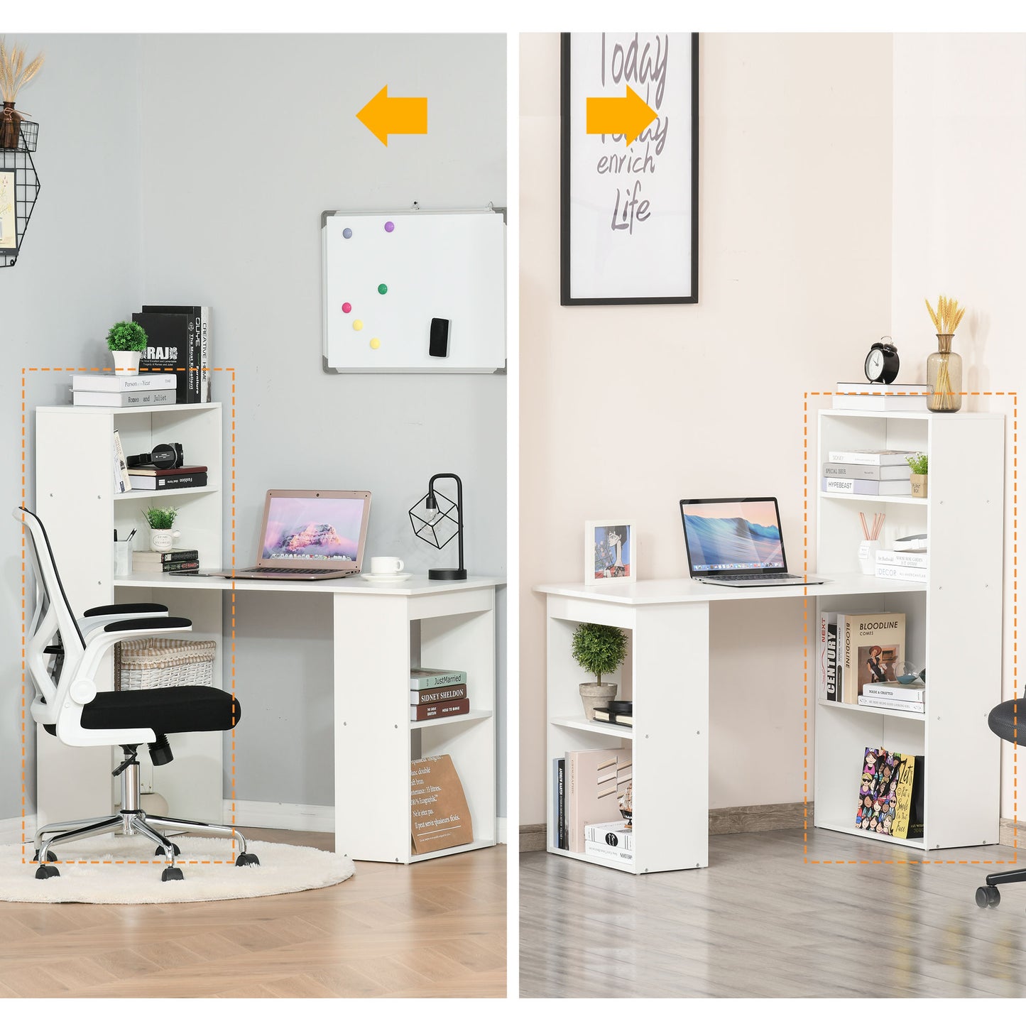 120cm Modern Computer Desk Bookshelf Study Table Workstation PC Laptop Writing Home Office 6 Shelves White, HOMCOM, 7