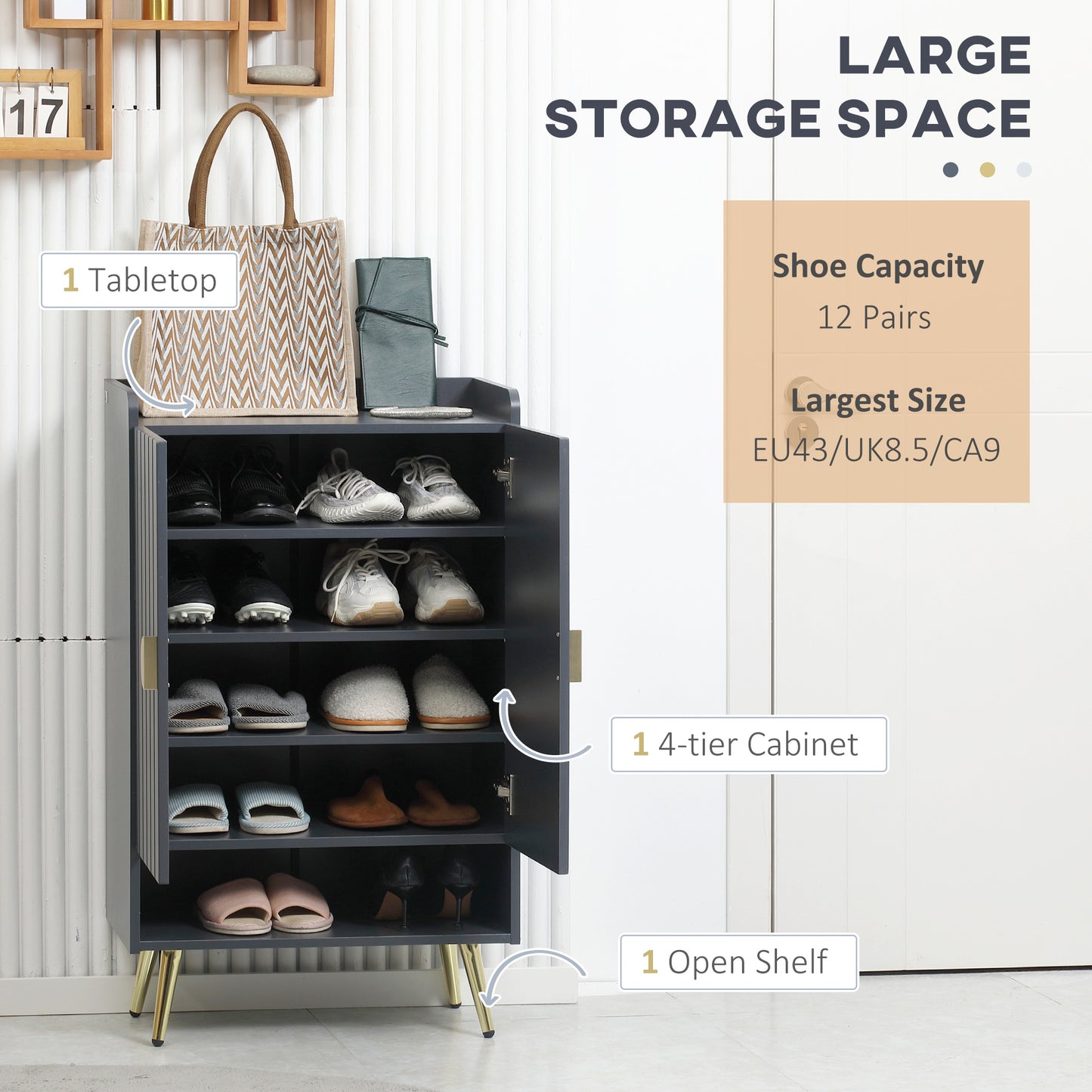 Modern Shoe Cabinet with 2 Doors, Open Shelf and Adjustable Shelves, Hallway Shoe Cupboard for 15 Pairs of Shoes, Entryway Storage Unit, Grey, HOMCOM, 4