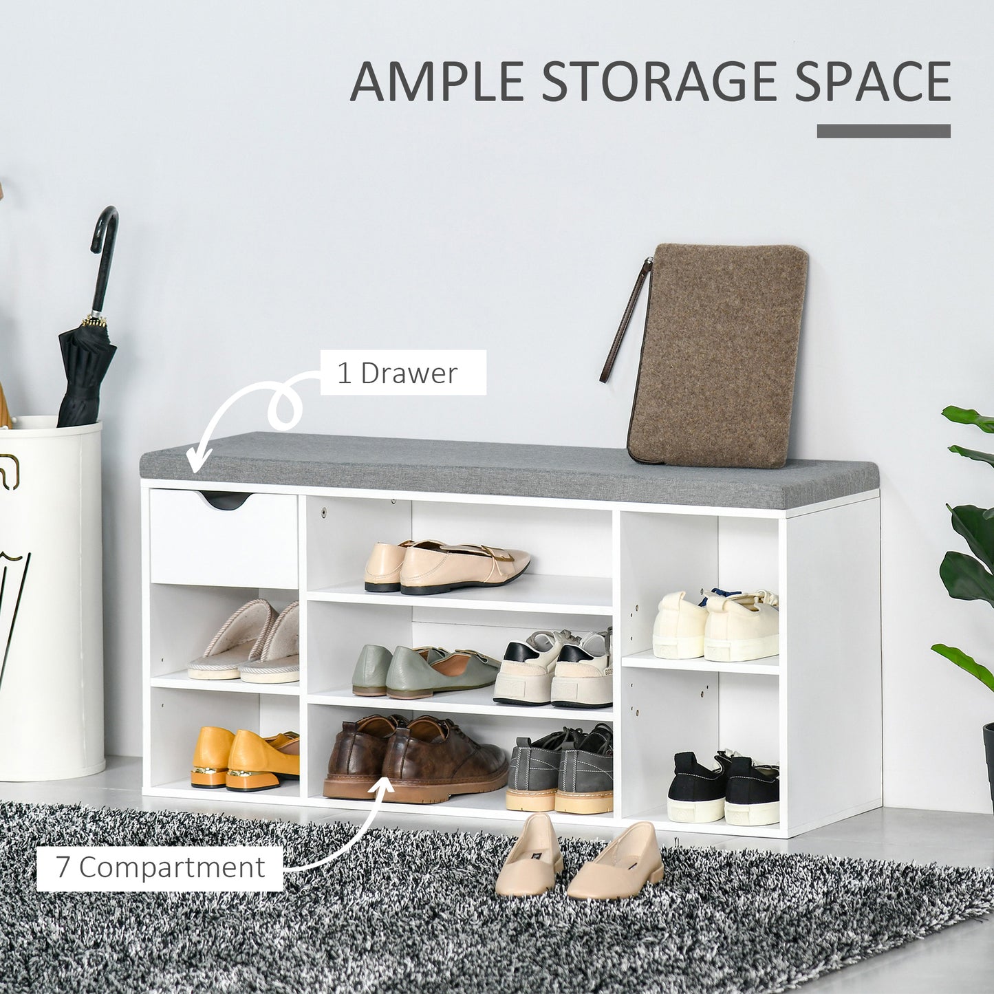 Shoe Bench with Seat Cushion Shoe Storage Cabinet with 7 Compartments Drawer Adjustable Shelves for Entryway Hallway Living Room White and Grey, HOMCOM, 4