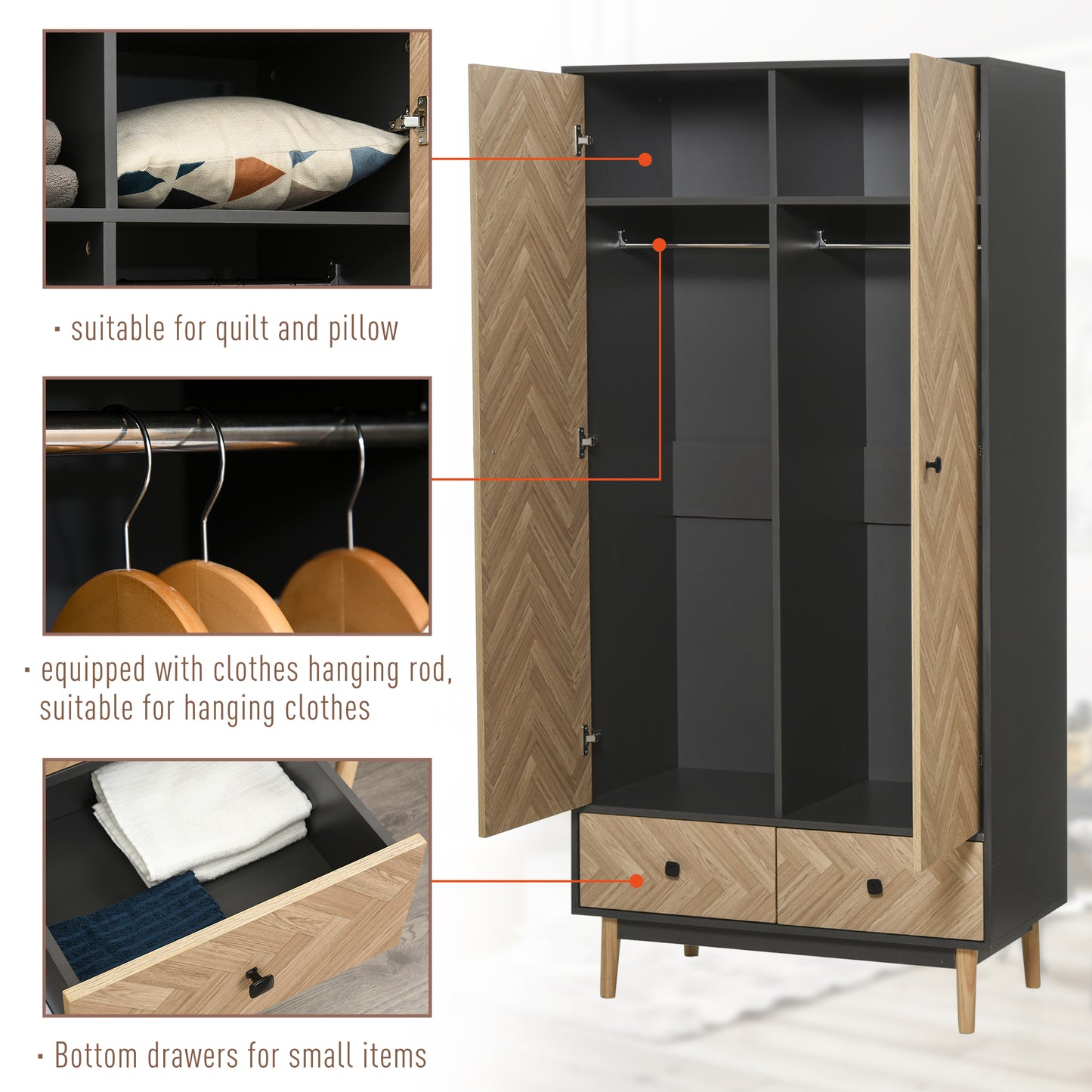 Modern Wardrobe Cabinet Wood Grain Sticker Surface with Shelf, Hanging Rod and 2 Drawers 90x50x190cm, HOMCOM, 5