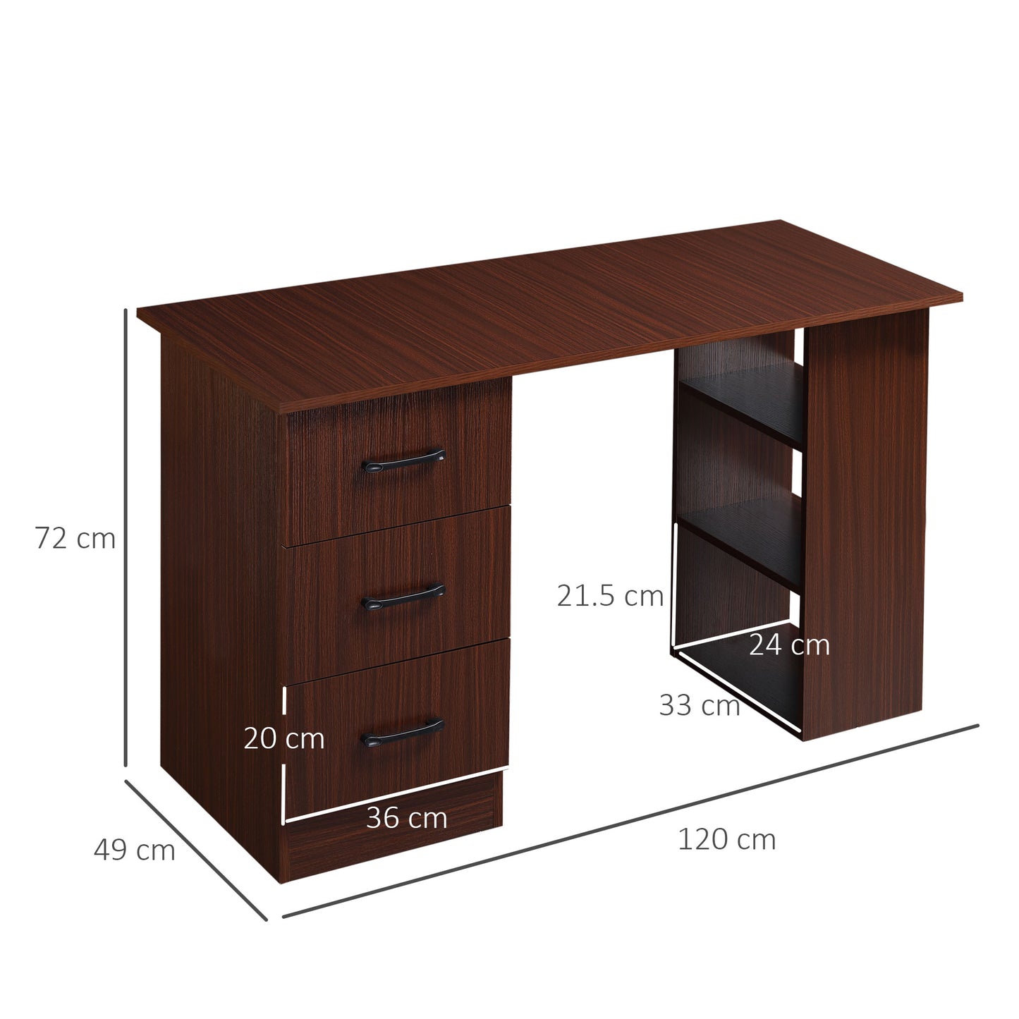 Computer Desk, Writing Table, PC Workstation with 3 Storage Shelves and Drawers, Black Handle, for Home Office, Walnut Brown, HOMCOM, 3