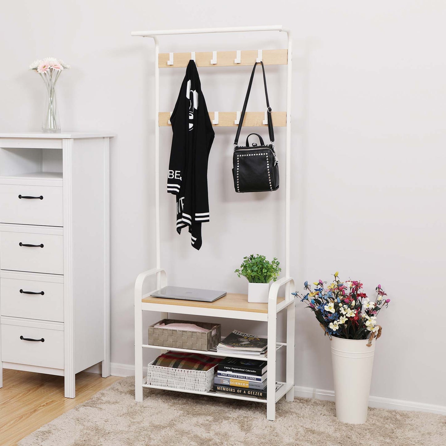 Coat Rack, Coat Stand with Shoe Storage Bench, 4-in-1 Design, 3