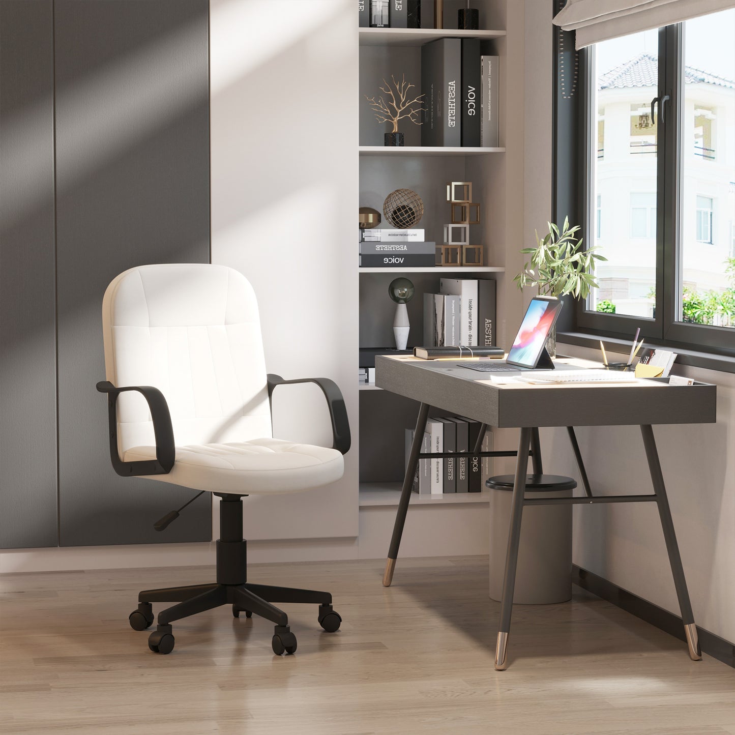 Swivel Executive Office Chair Home, Office Mid Back PU Leather Computer Desk Chair for Adults, Wheels, Cream, HOMCOM, 9