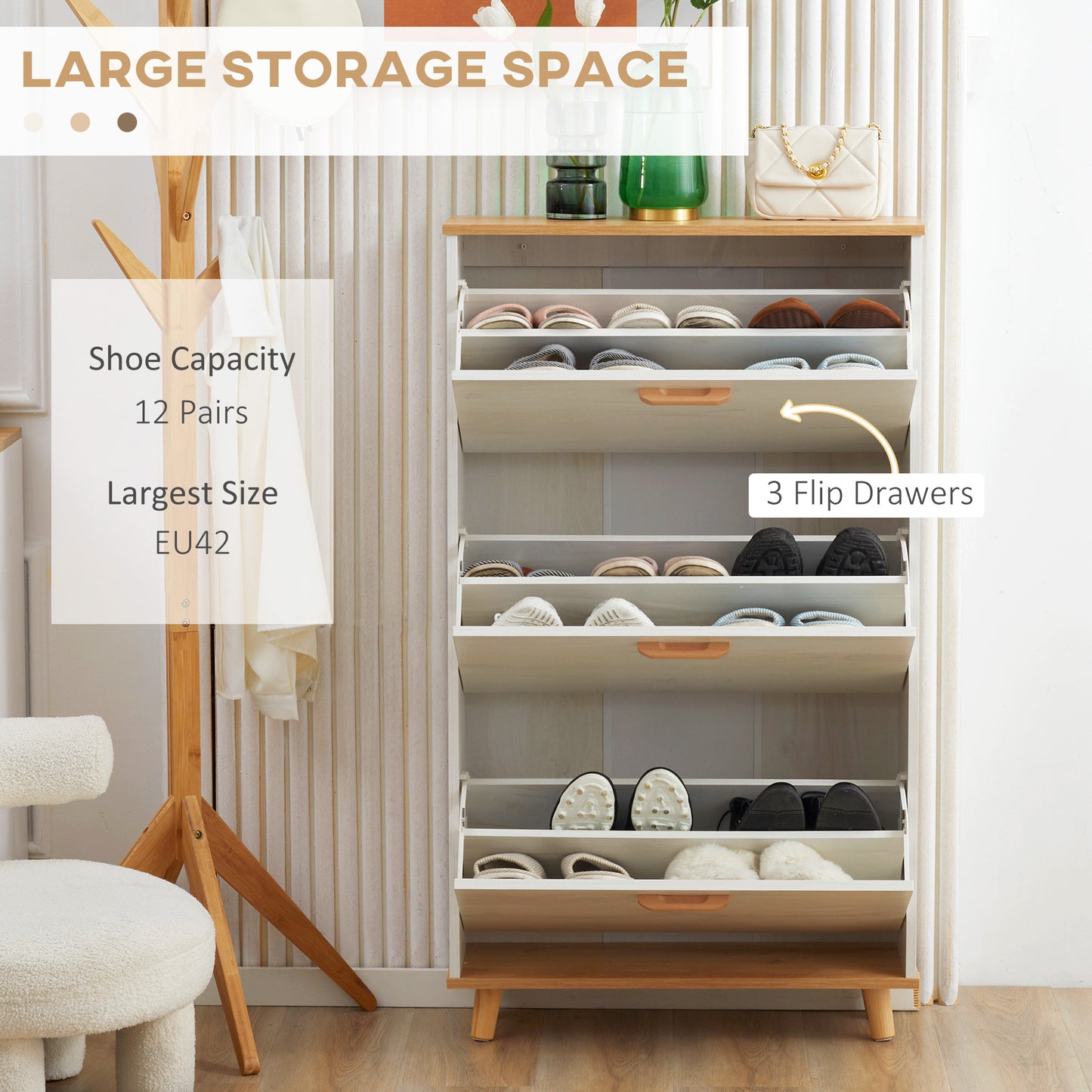 Narrow Shoe Cabinet, Slim Shoe Storage Cabinet with 3 Flip Drawers and Adjustable Shelves, 12 Pair of Shoes Organizer for Hallway, Entryway, White, HOMCOM, 4
