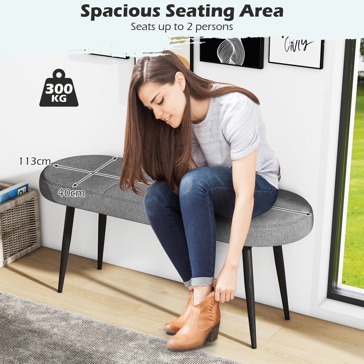 113 cm Ottoman Bench with Sponge Padded Cushion for Entryway Living Room Foyer-Grey, Costway, 1