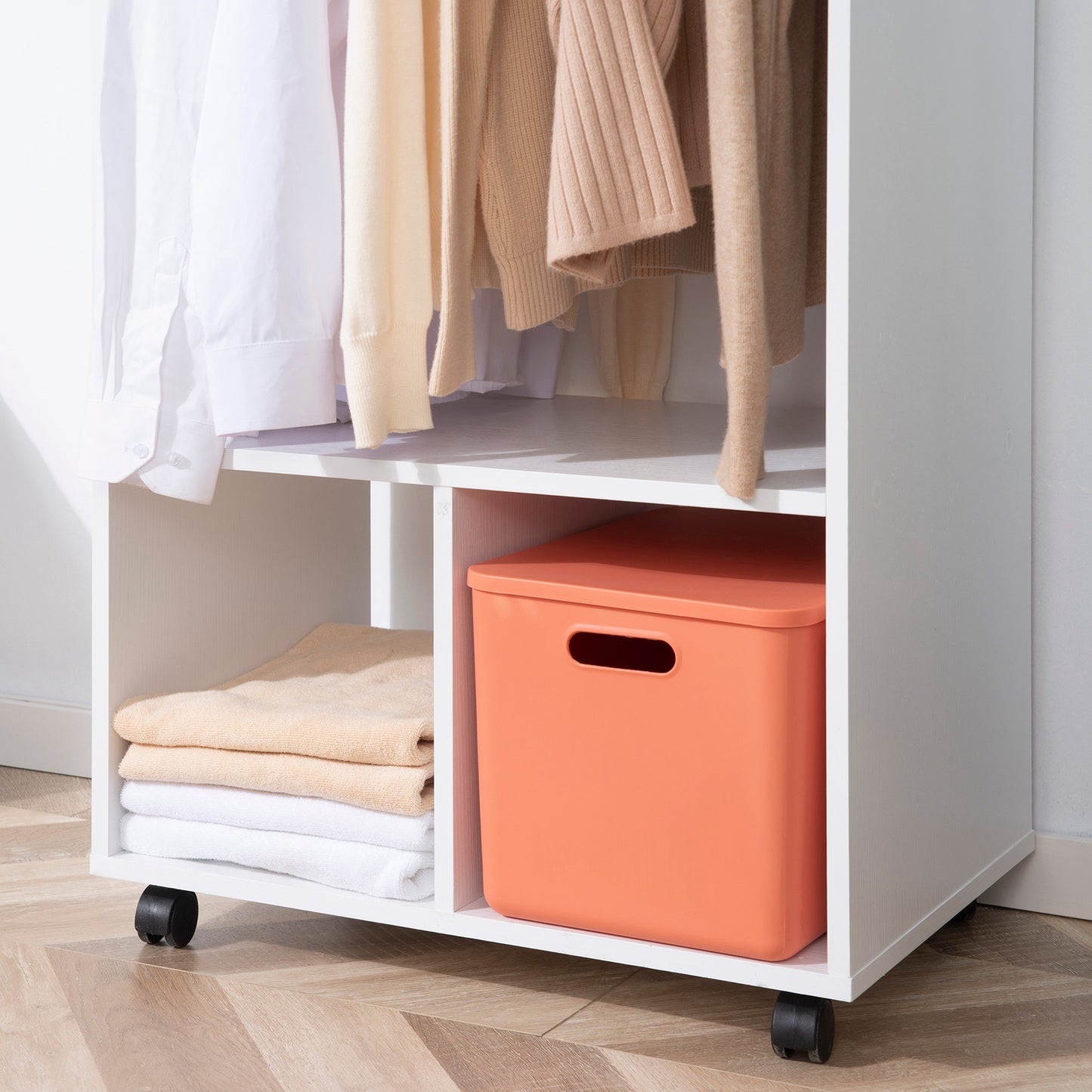 Open Wardrobe for Bedroom, Small Wardrobe on Wheels with Clothes Rail, Storage Shelves, Mobile Garment Rack for Clothes Storage, Cloakroom, Hallway, White, HOMCOM, 9