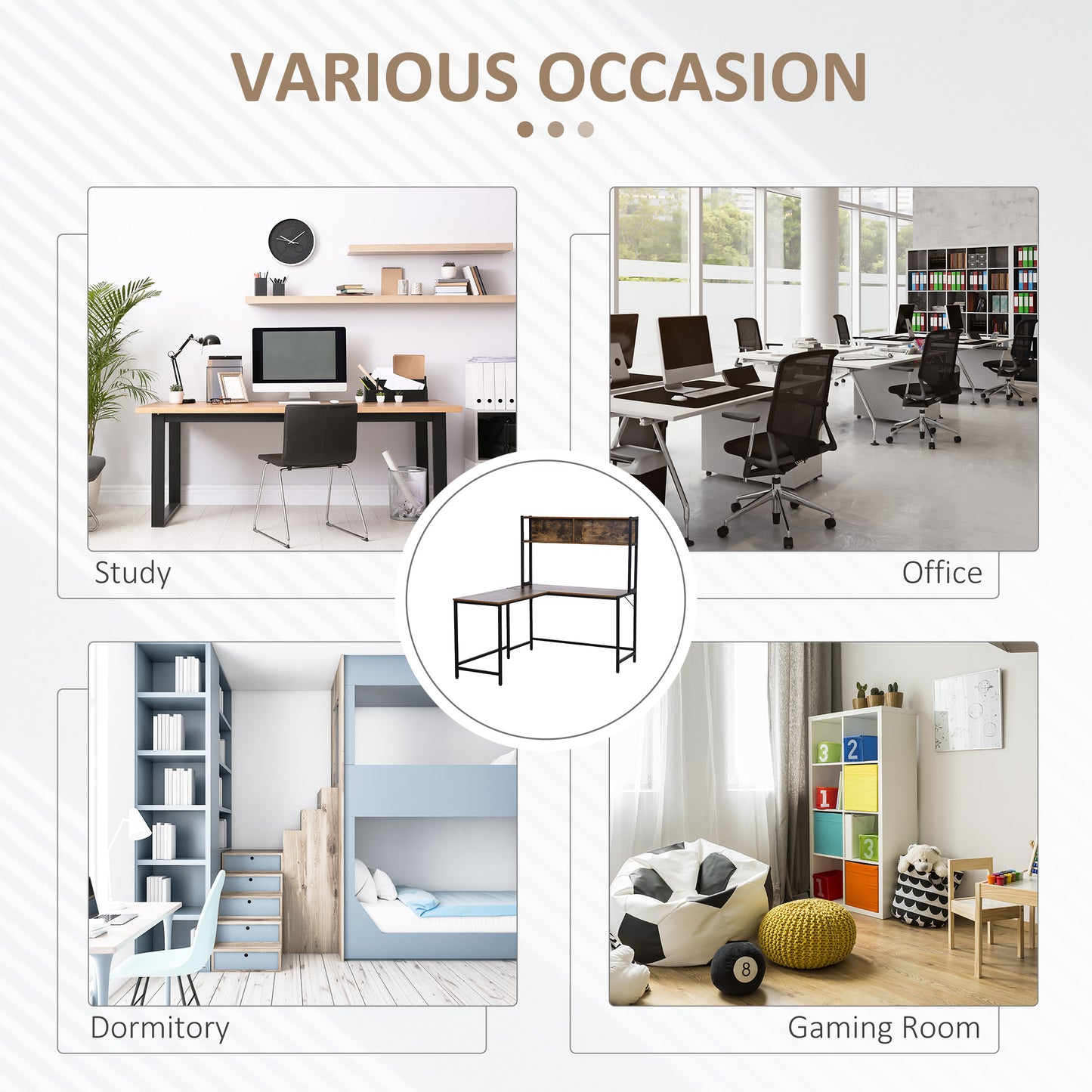 Reversible L Shaped Desk with Hutch, Industrial Computer Desk, Corner Desk with Storage Compartments and Steel Frame for Home Office, Study, 140 x 125cm, Brown, HOMCOM, 7
