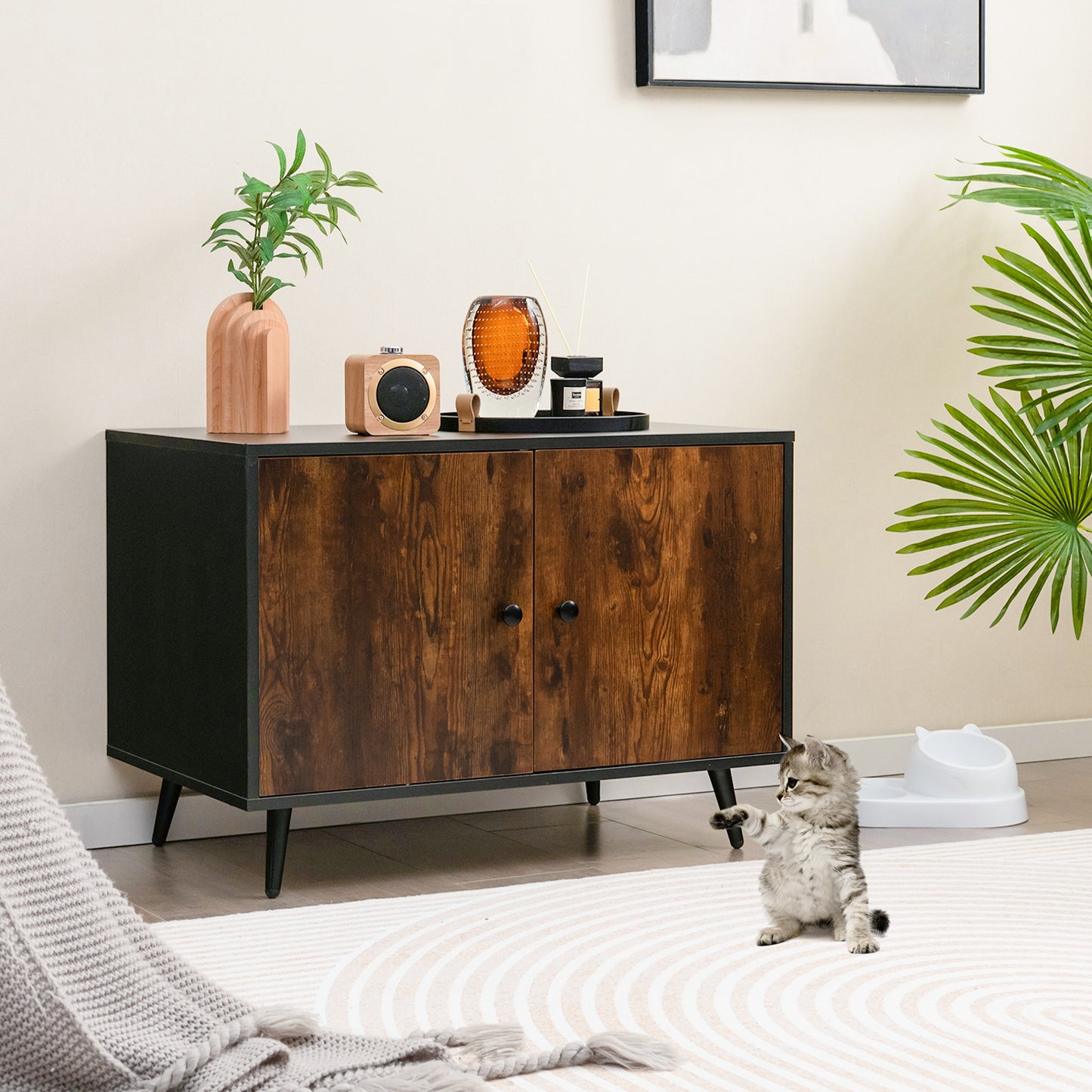 Cat Litter Box Enclosures, Indoor Cat House, Cat Litter Box Enclosure with Divider and 2 Cat Head-Shaped Entries, Costway, 2