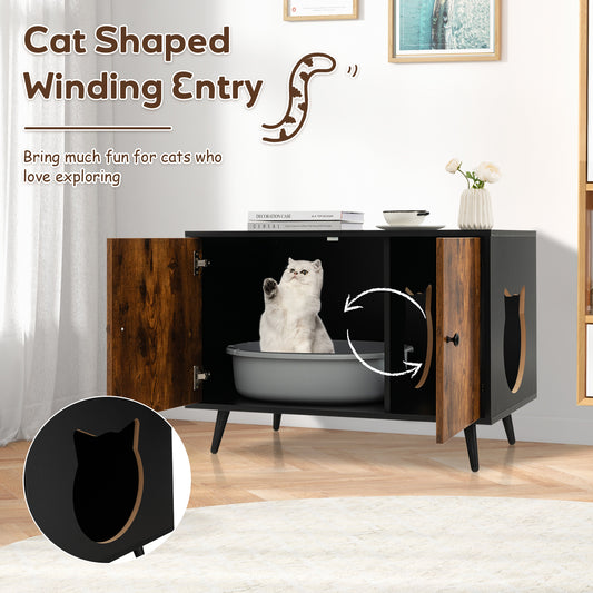 Cat Litter Box Enclosures, Indoor Cat House, Cat Litter Box Enclosure with Divider and 2 Cat Head-Shaped Entries, Costway, 1