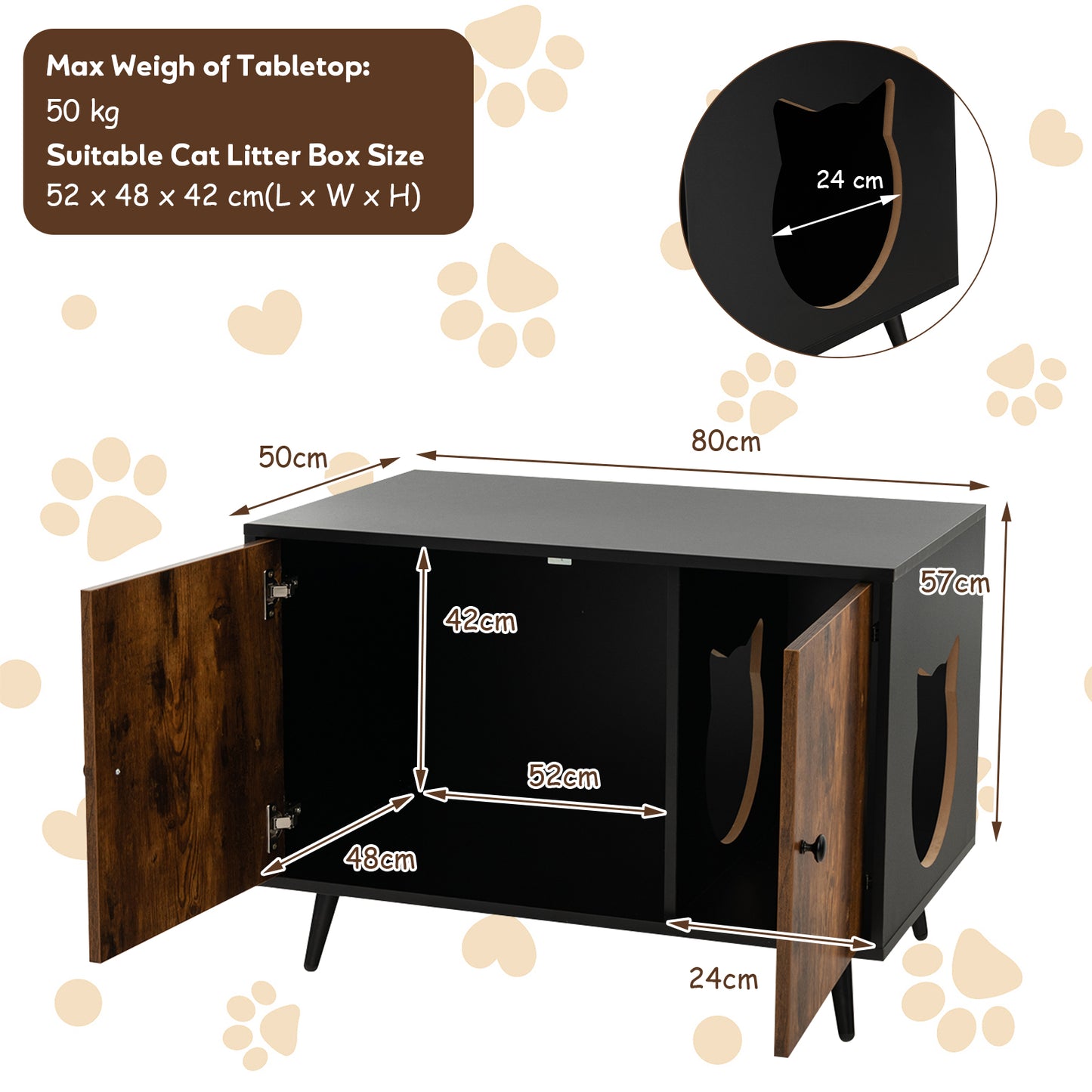 Cat Litter Box Enclosures, Indoor Cat House, Cat Litter Box Enclosure with Divider and 2 Cat Head-Shaped Entries, Costway, 3