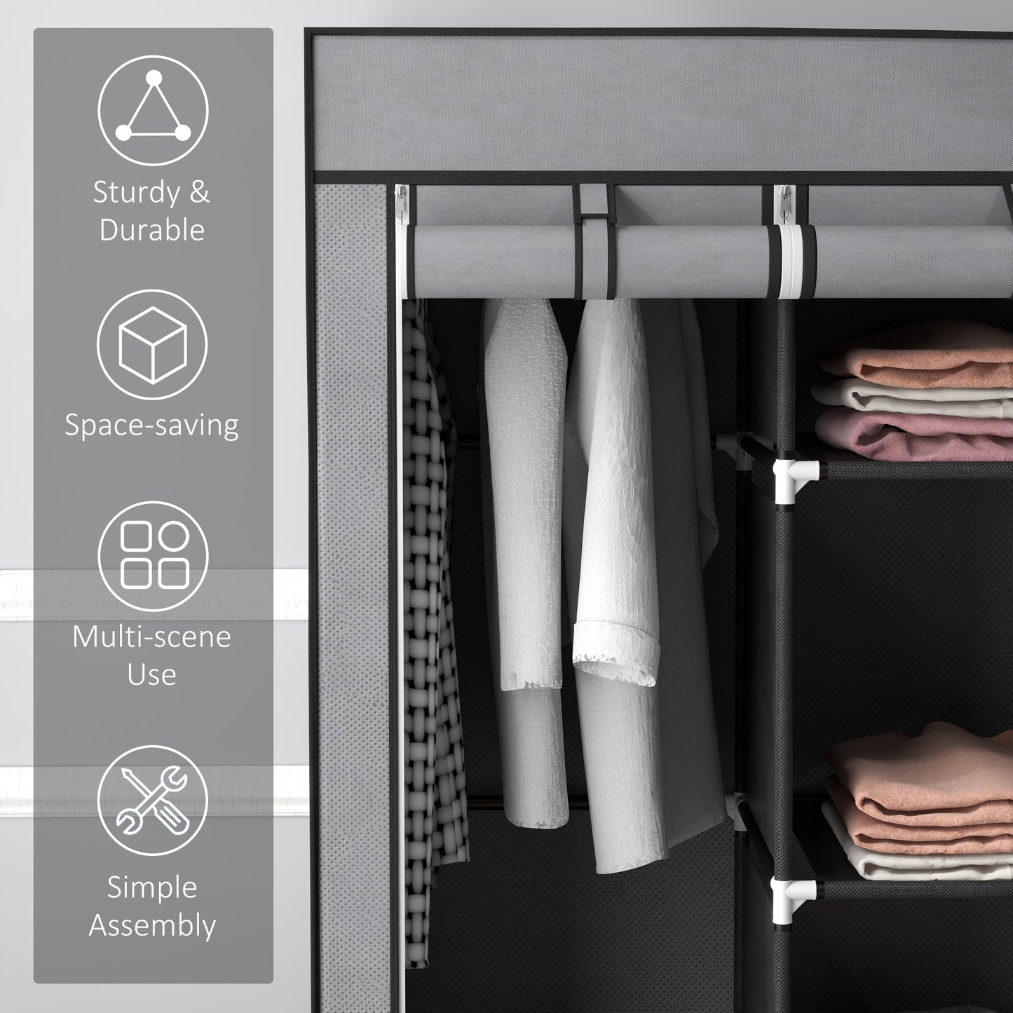 Fabric Wardrobe for Bedroom, Portable Wardrobe with 5 Shelves, 2 Hanging Rails and 3 Fabric Drawers, Foldable Closet, 125 x 43 x 162.5cm, Dark Grey, HOMCOM, 6